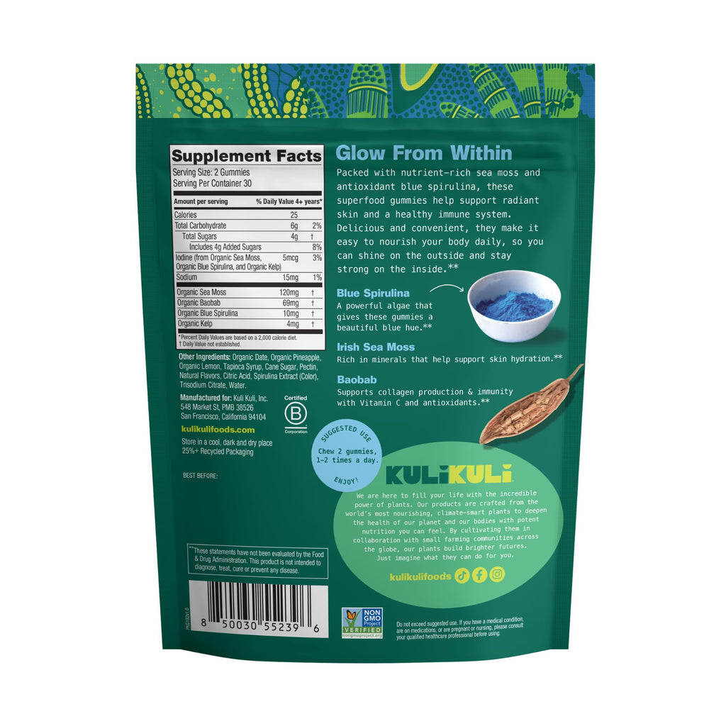 Kuli Kuli Sea Moss & Blue Spirulina Superfood Gummies - Pineapple Colada Flavor, 60 Count - Plant-Based Irish Sea Moss with Baobab & Vitamin C for Skin Glow, Immune Support & Collagen (1 Month Supply) - TrustMedUSA