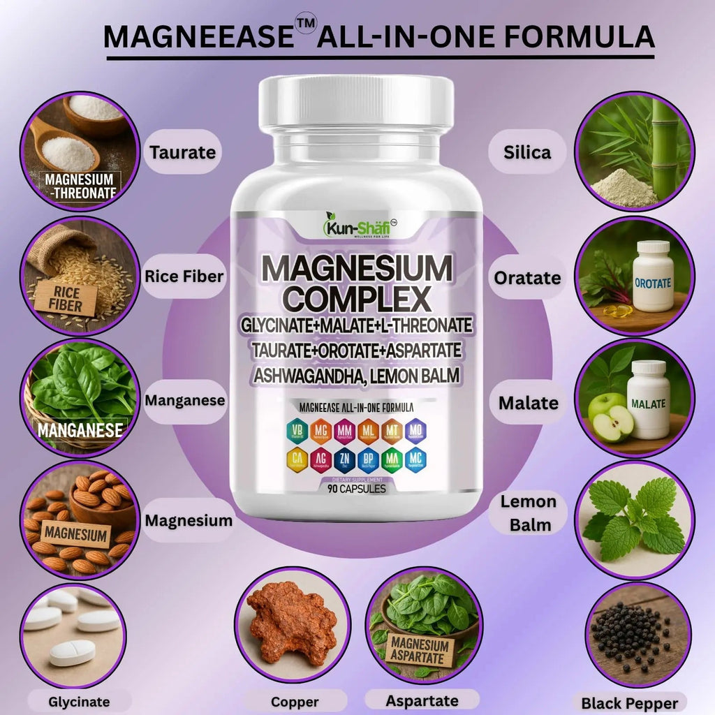 Kun Shafi Magnesium Complex with Magnesium Glycinate Malate, L-Threonate, Taurate, Orotate, Zinc,Aspartate, Copper Manganese & Vitamin D3 B6 Complex - 1Pack - TrustMedUSA