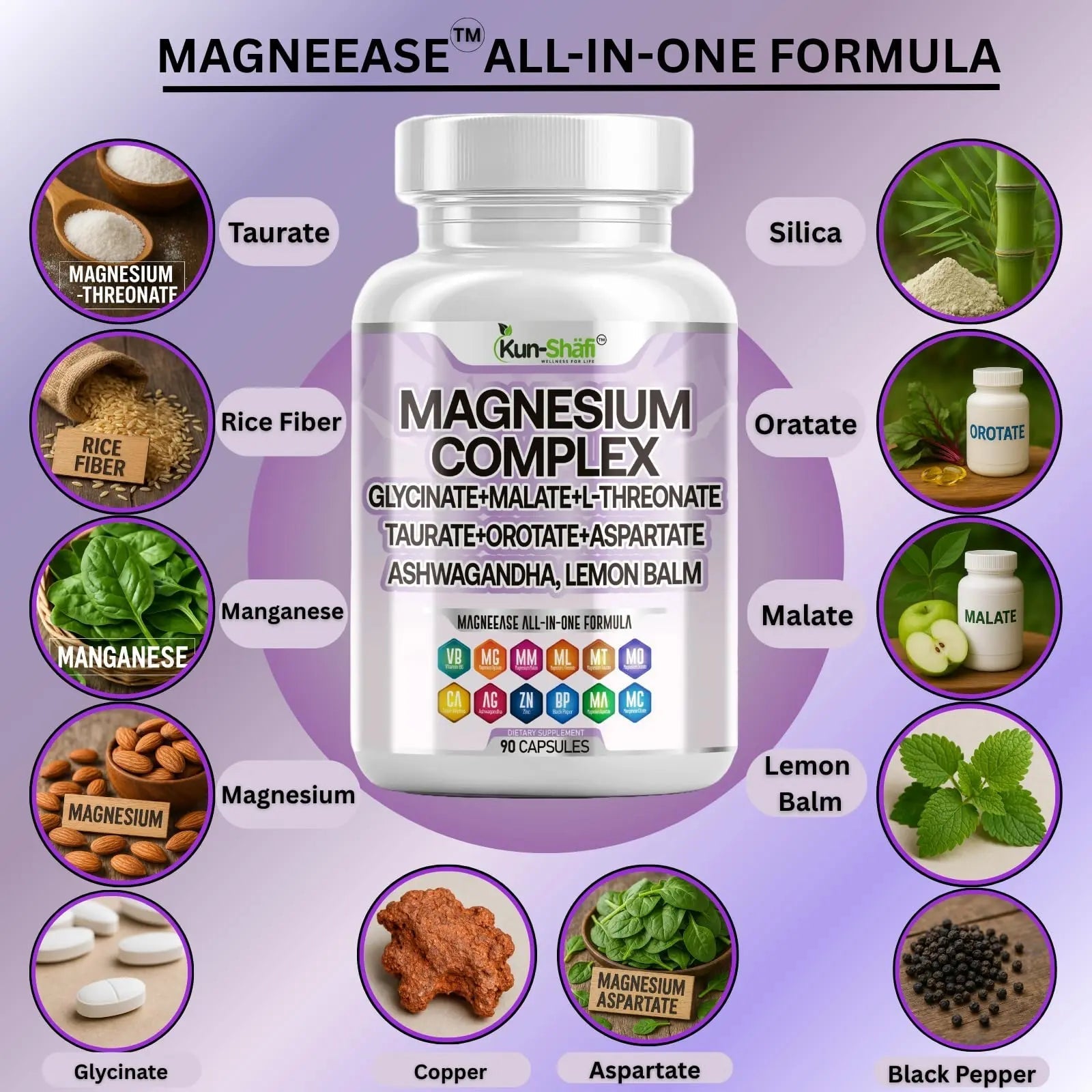 Kun Shafi Magnesium Complex with Magnesium Glycinate Malate, L-Threonate, Taurate, Orotate, Zinc,Aspartate, Copper Manganese & Vitamin D3 B6 Complex - 1Pack - TrustMedUSA