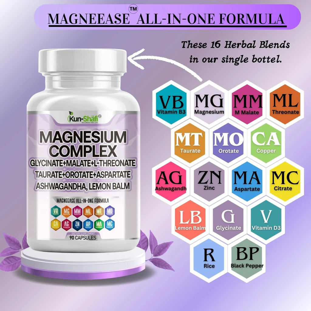 Kun Shafi Magnesium Complex with Magnesium Glycinate Malate, L-Threonate, Taurate, Orotate, Zinc,Aspartate, Copper Manganese & Vitamin D3 B6 Complex - 1Pack - TrustMedUSA