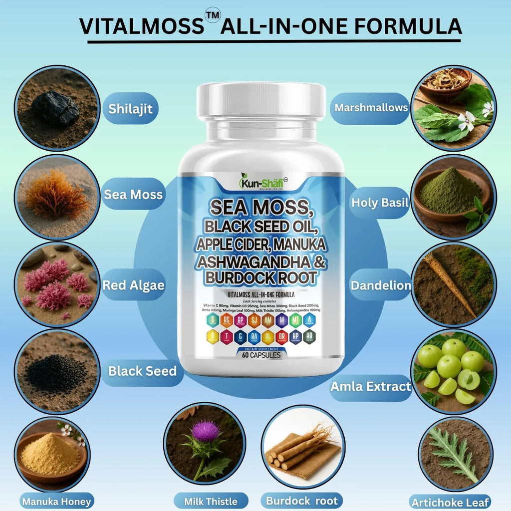 Kun Shafi Sea Moss Complex – with Black Seed Oil, Shilajit, Amla, Moringa, Turmeric, Ashwagandha & Burdock – Enriched with Vitamin C, D3, Chlorophyll, Manuka & Ginger – 60 Capsules - TrustMedUSA
