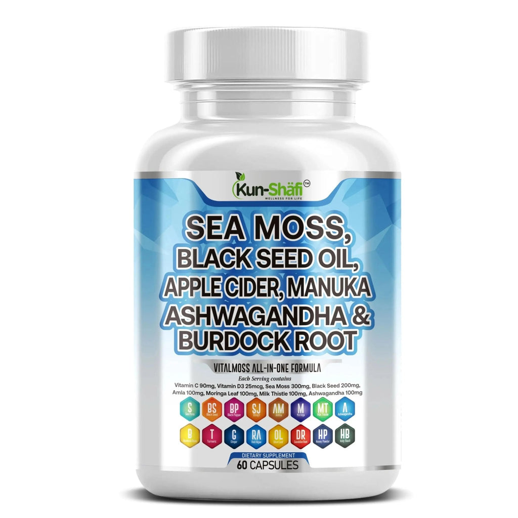 Kun Shafi Sea Moss Complex – with Black Seed Oil, Shilajit, Amla, Moringa, Turmeric, Ashwagandha & Burdock – Enriched with Vitamin C, D3, Chlorophyll, Manuka & Ginger – 60 Capsules - TrustMedUSA