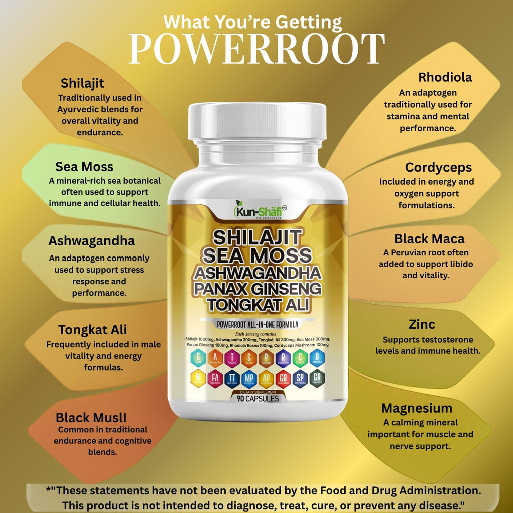 Kun Shafi Shilajit Complex – Sea Moss, Tongkat Ali, Ashwagandha, Ginseng, Zinc, CoQ10, PQQ & Magnesium – Fulvic Acid Capsules for Energy, Vitality & Performance with Panax Cordyceps – 90 Capsules - TrustMedUSA
