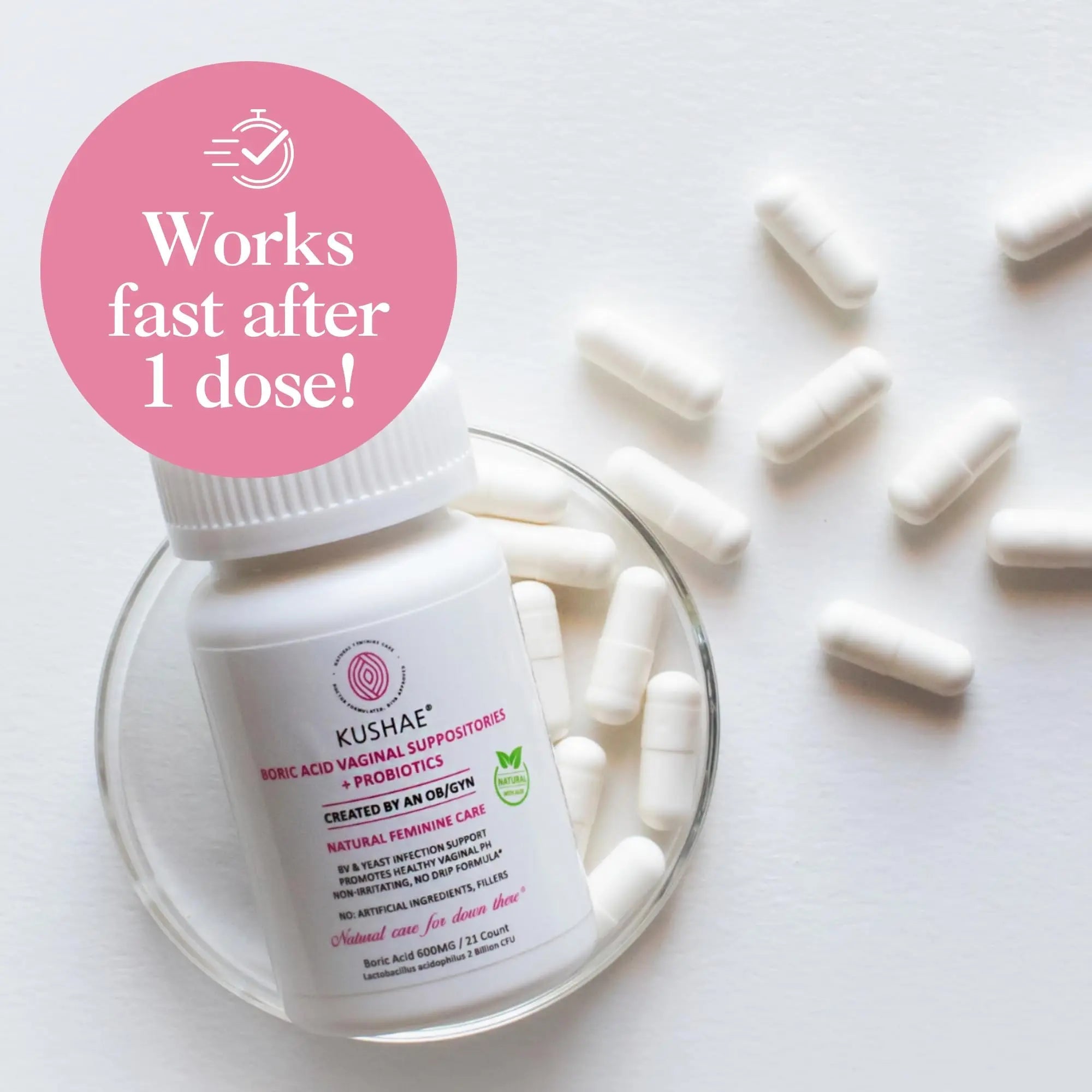 Kushae Boric Acid Suppositories + Rapid Relief, All Natural Female Suppositories with Probiotics & Aloe Vera, Relieves Discomfort & Balances pH Level Bottle Only 21 Capsules - TrustMedUSA