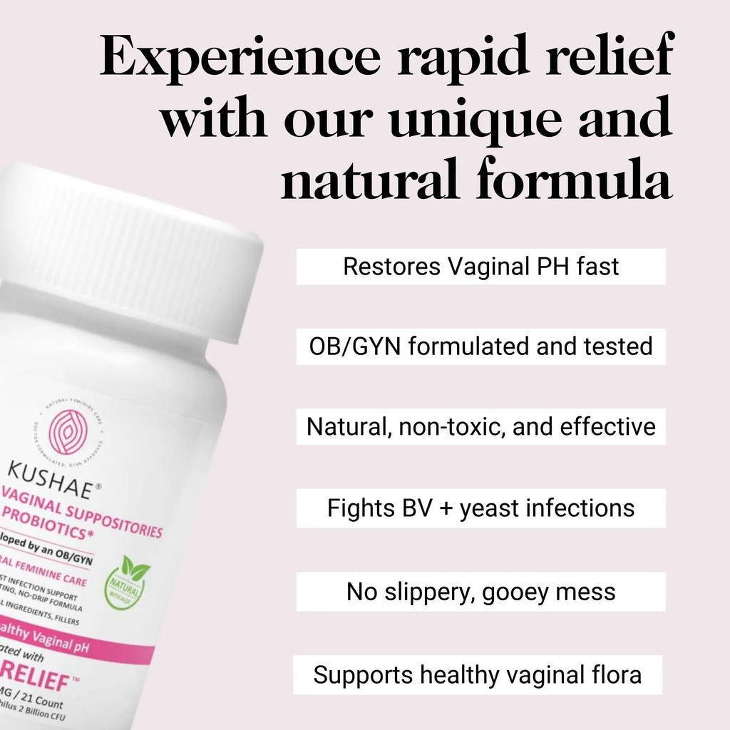 Kushae Boric Acid Suppositories + Rapid Relief, All Natural Female Suppositories with Probiotics & Aloe Vera, Relieves Discomfort & Balances pH Level Bottle Only 21 Capsules - TrustMedUSA