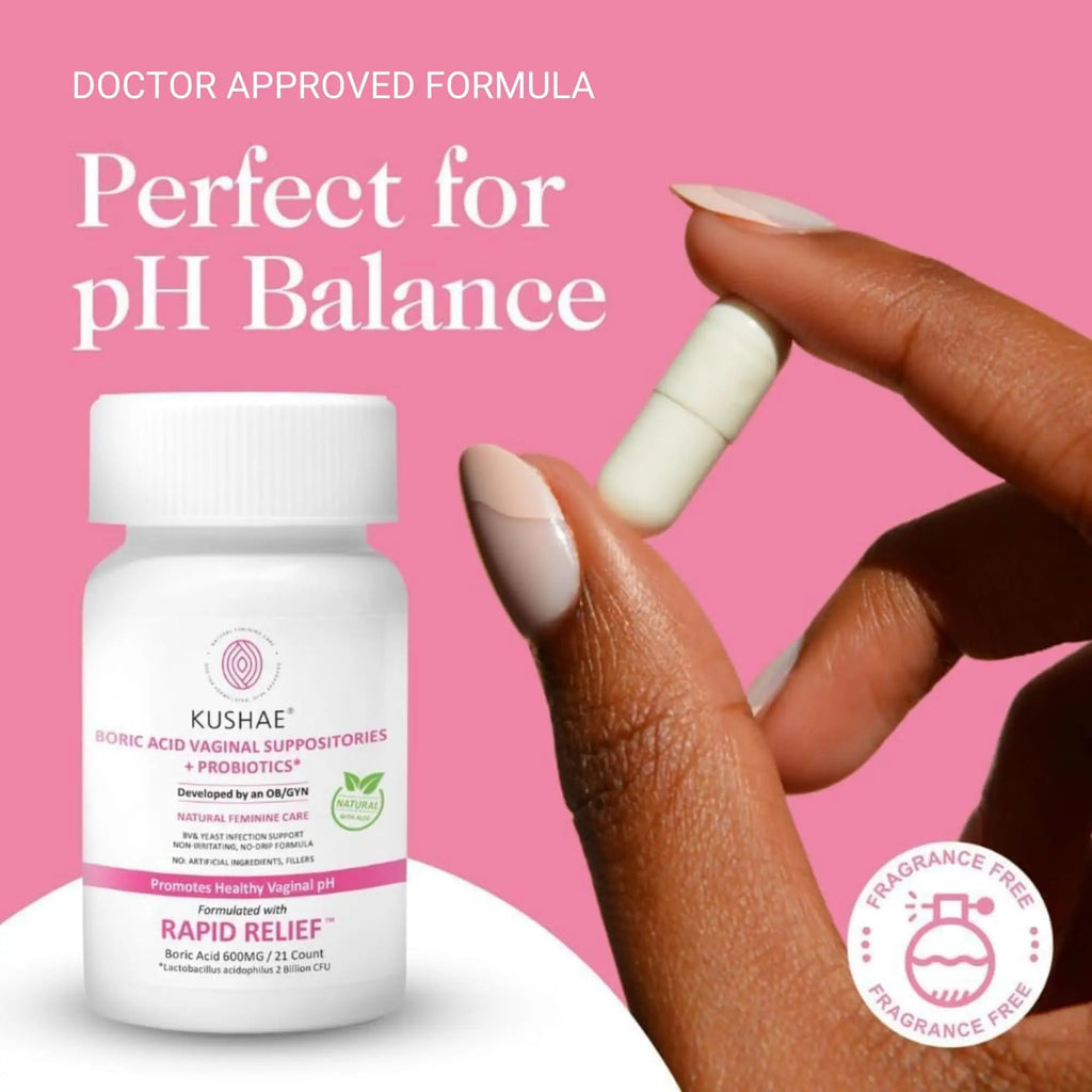 Kushae Boric Acid Suppositories + Rapid Relief, All Natural Female Suppositories with Probiotics & Aloe Vera, Relieves Discomfort & Balances pH Level Bottle Only 21 Capsules - TrustMedUSA