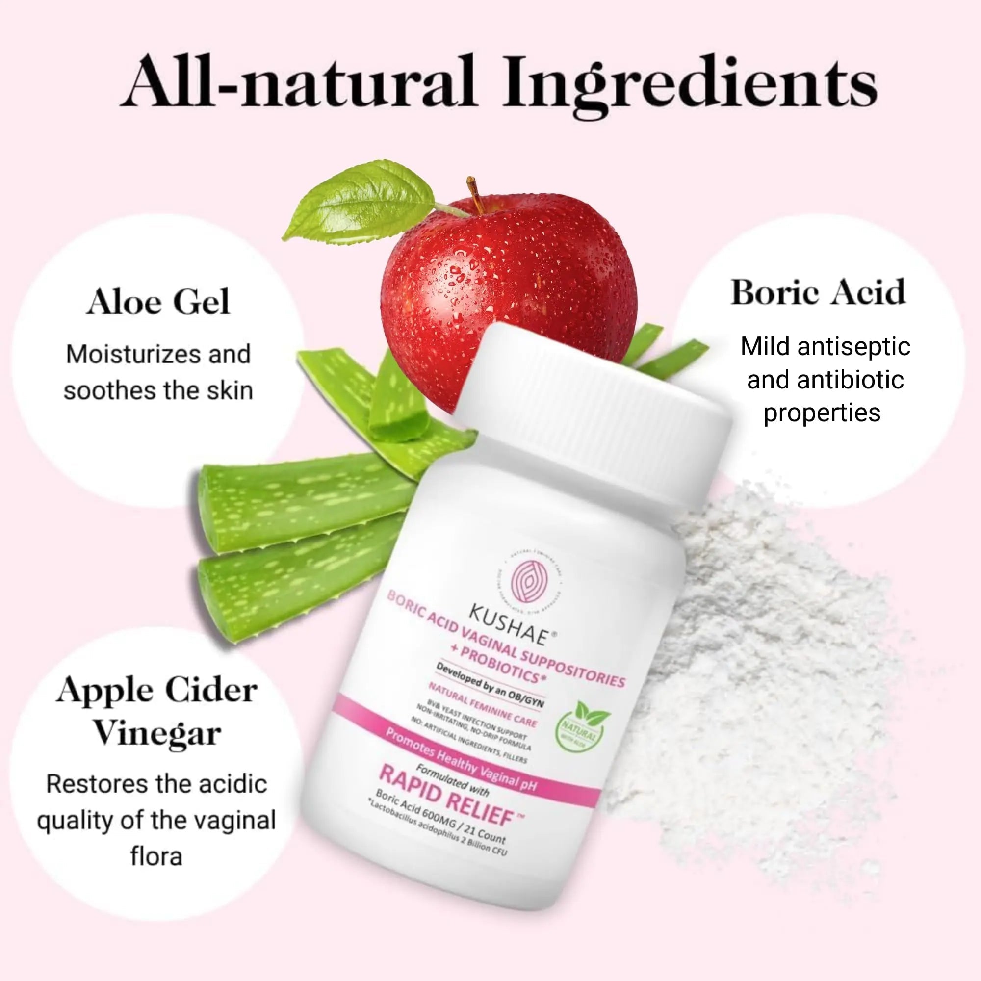 Kushae Boric Acid Suppositories + Rapid Relief, All Natural Female Suppositories with Probiotics & Aloe Vera, Relieves Discomfort & Balances pH Level Bottle Only 21 Capsules - TrustMedUSA