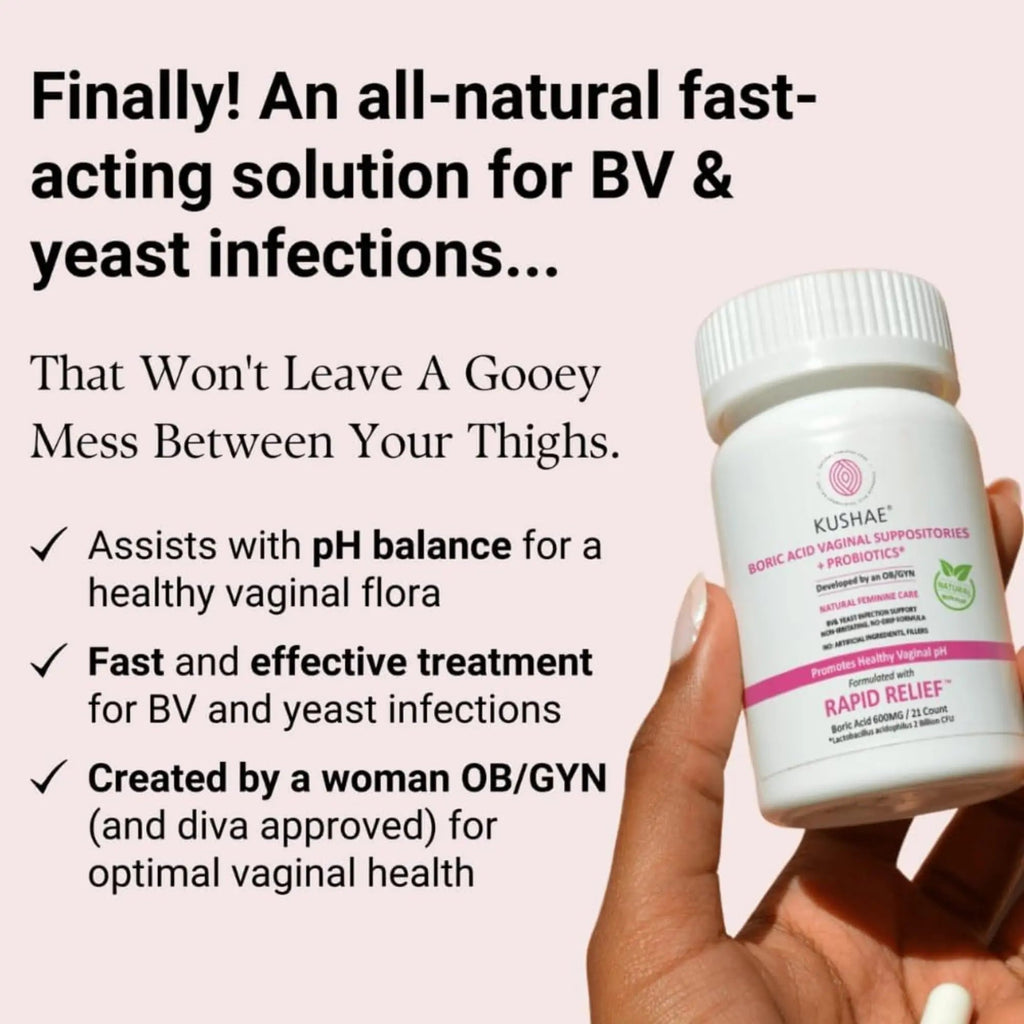 Kushae Boric Acid Suppositories + Rapid Relief, All Natural Female Suppositories with Probiotics & Aloe Vera, Relieves Discomfort & Balances pH Level Bottle Only 21 Capsules - TrustMedUSA