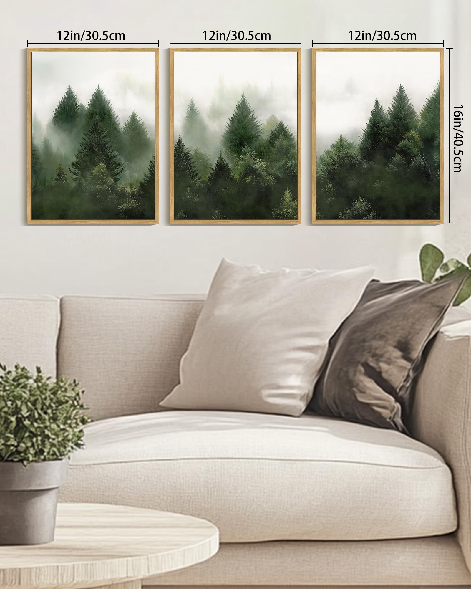 KUVIOKE Morden Green Fog Pine Tree Framed Canvas Wall Art Nature Nordic Forests Artwork Painting Bedroom Decor 12x16in (Natural Framed) - TrustMedUSA