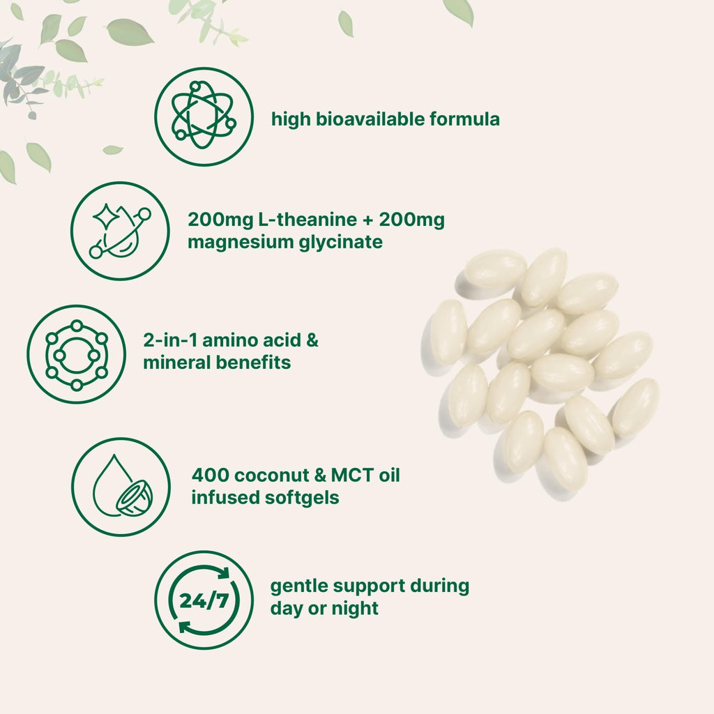L-Theanine 200mg with Magnesium Glycinate, 400 Coconut MCT Oil Softgels | 2-in-1 Amino Acid & Mineral Complex | Gentle Care All Day & Night - TrustMedUSA