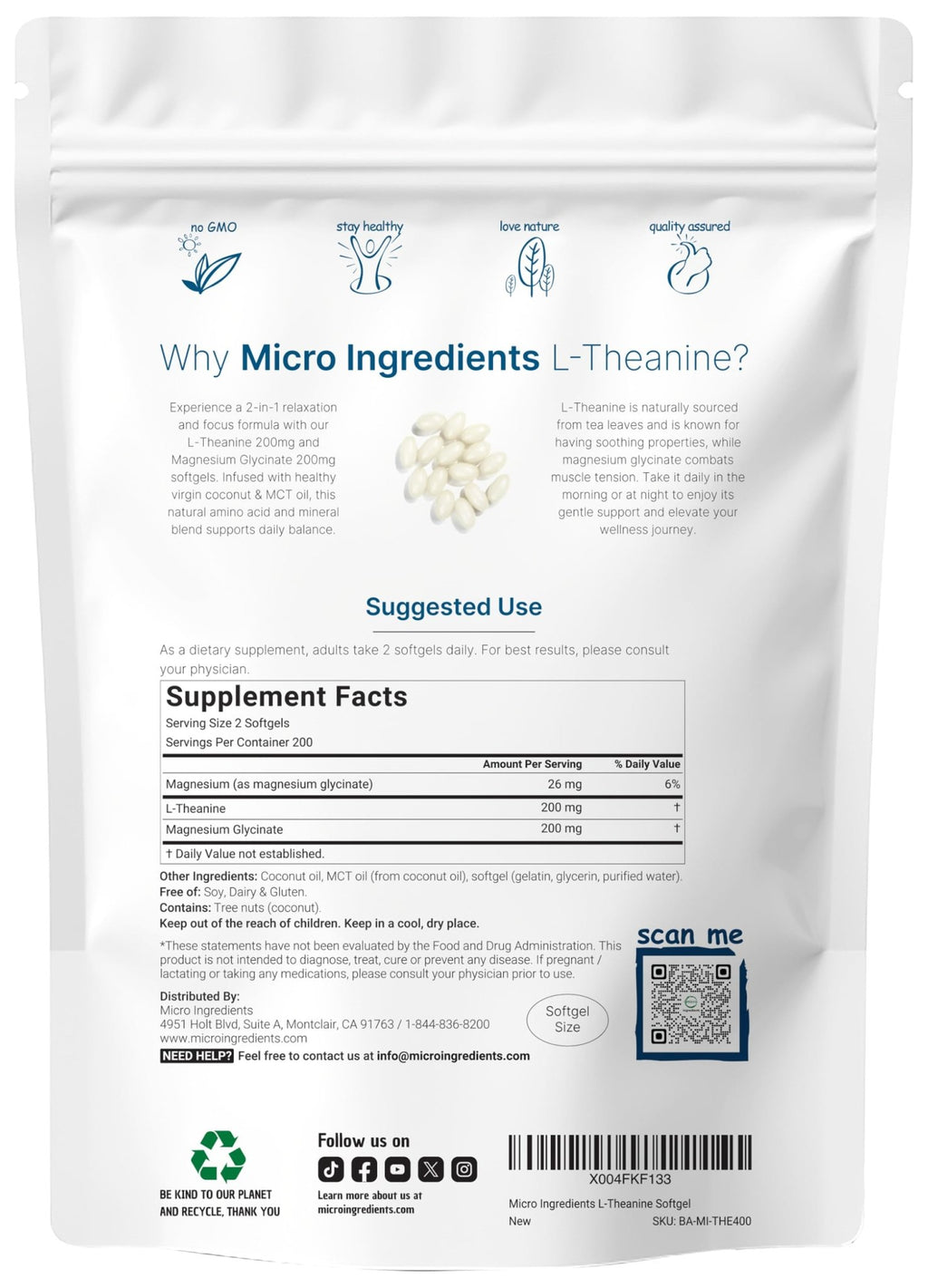 L-Theanine 200mg with Magnesium Glycinate, 400 Coconut MCT Oil Softgels | 2-in-1 Amino Acid & Mineral Complex | Gentle Care All Day & Night - TrustMedUSA