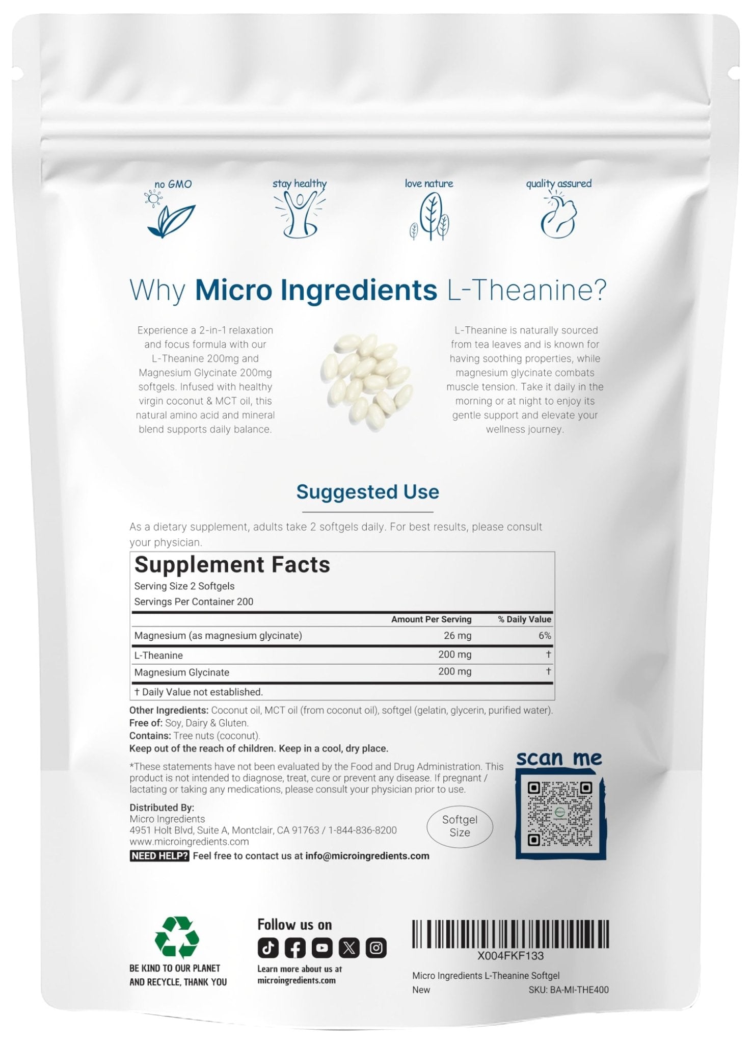 L-Theanine 200mg with Magnesium Glycinate, 400 Coconut MCT Oil Softgels | 2-in-1 Amino Acid & Mineral Complex | Gentle Care All Day & Night - TrustMedUSA