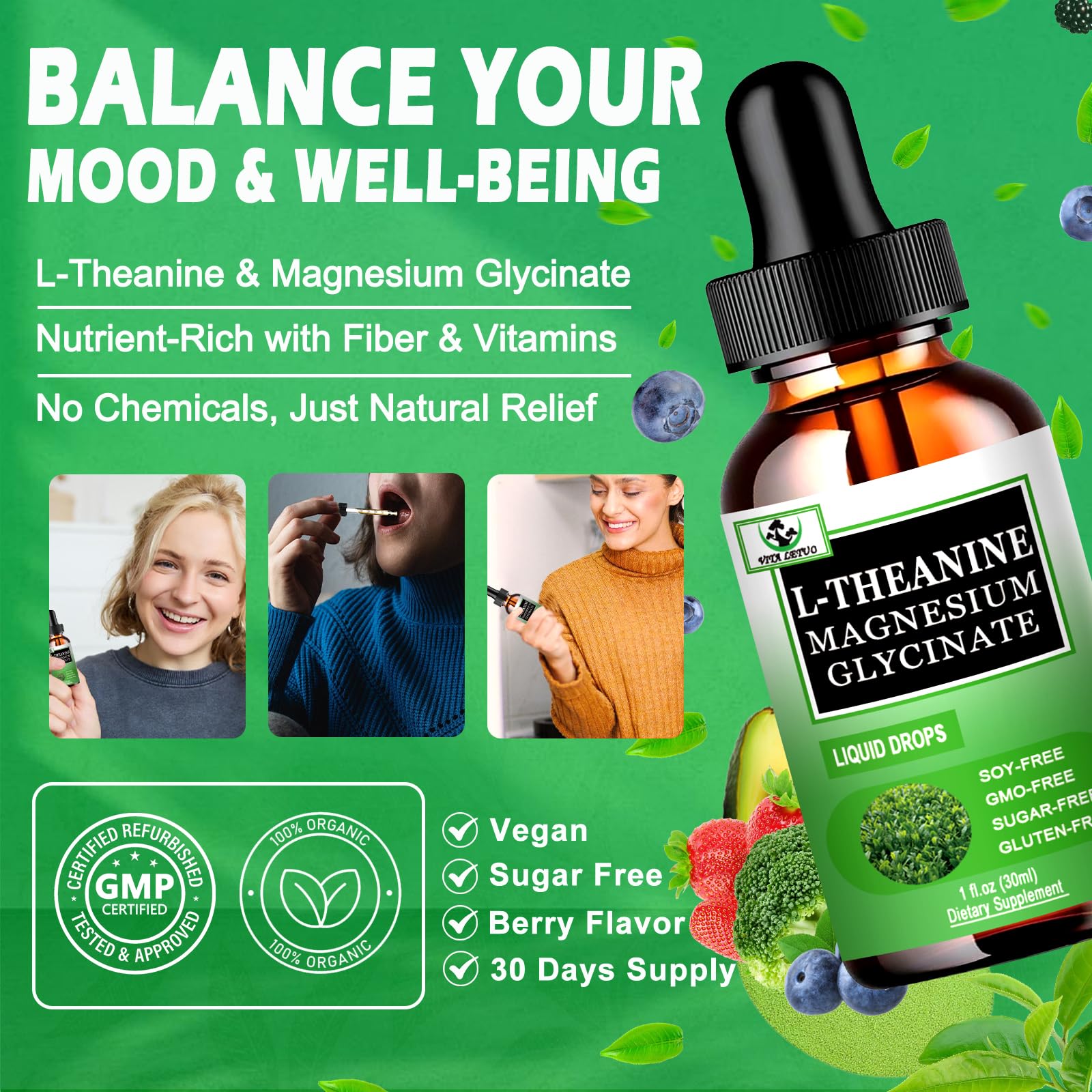 L Theanine Drops, Liquid L-Theanine Supplement 200mg w/Magnesium Glycinate,Vitamins,Fiber for Relaxation,Sleep,Digestion, Calm,High Absorption Mood Support for Adults & Kids,Plant Based,Non-GMO - TrustMedUSA