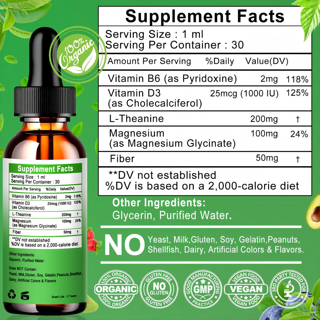L Theanine Drops, Liquid L-Theanine Supplement 200mg w/Magnesium Glycinate,Vitamins,Fiber for Relaxation,Sleep,Digestion, Calm,High Absorption Mood Support for Adults & Kids,Plant Based,Non-GMO - TrustMedUSA