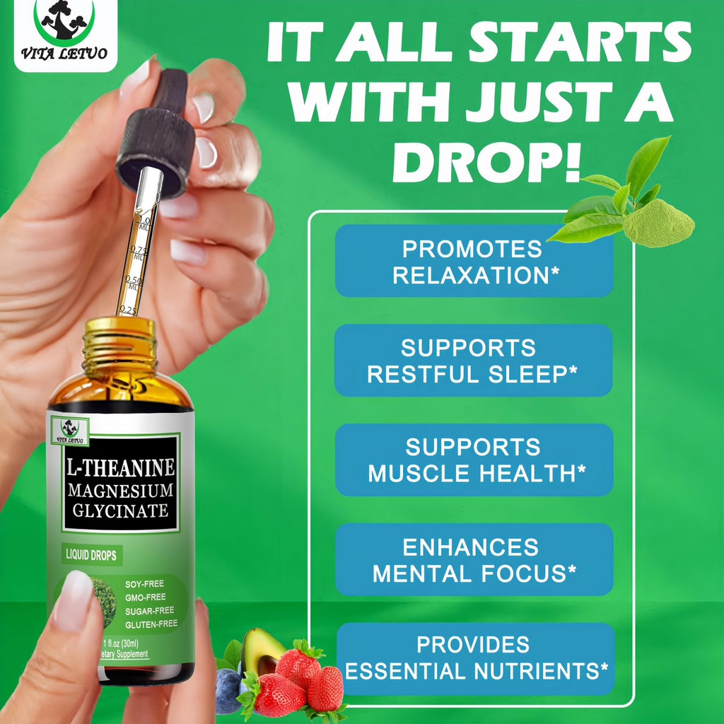 L Theanine Drops, Liquid L-Theanine Supplement 200mg w/Magnesium Glycinate,Vitamins,Fiber for Relaxation,Sleep,Digestion, Calm,High Absorption Mood Support for Adults & Kids,Plant Based,Non-GMO - TrustMedUSA
