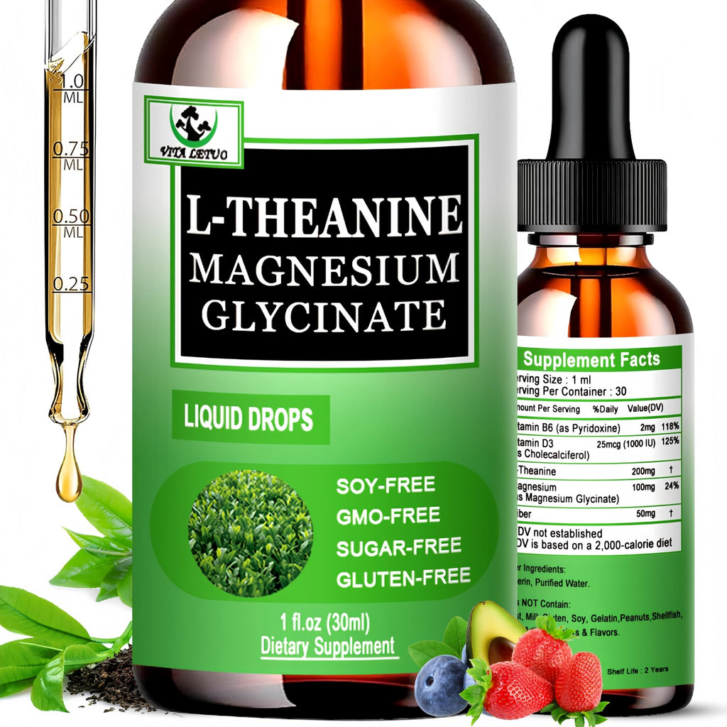 L Theanine Drops, Liquid L-Theanine Supplement 200mg w/Magnesium Glycinate,Vitamins,Fiber for Relaxation,Sleep,Digestion, Calm,High Absorption Mood Support for Adults & Kids,Plant Based,Non-GMO - TrustMedUSA