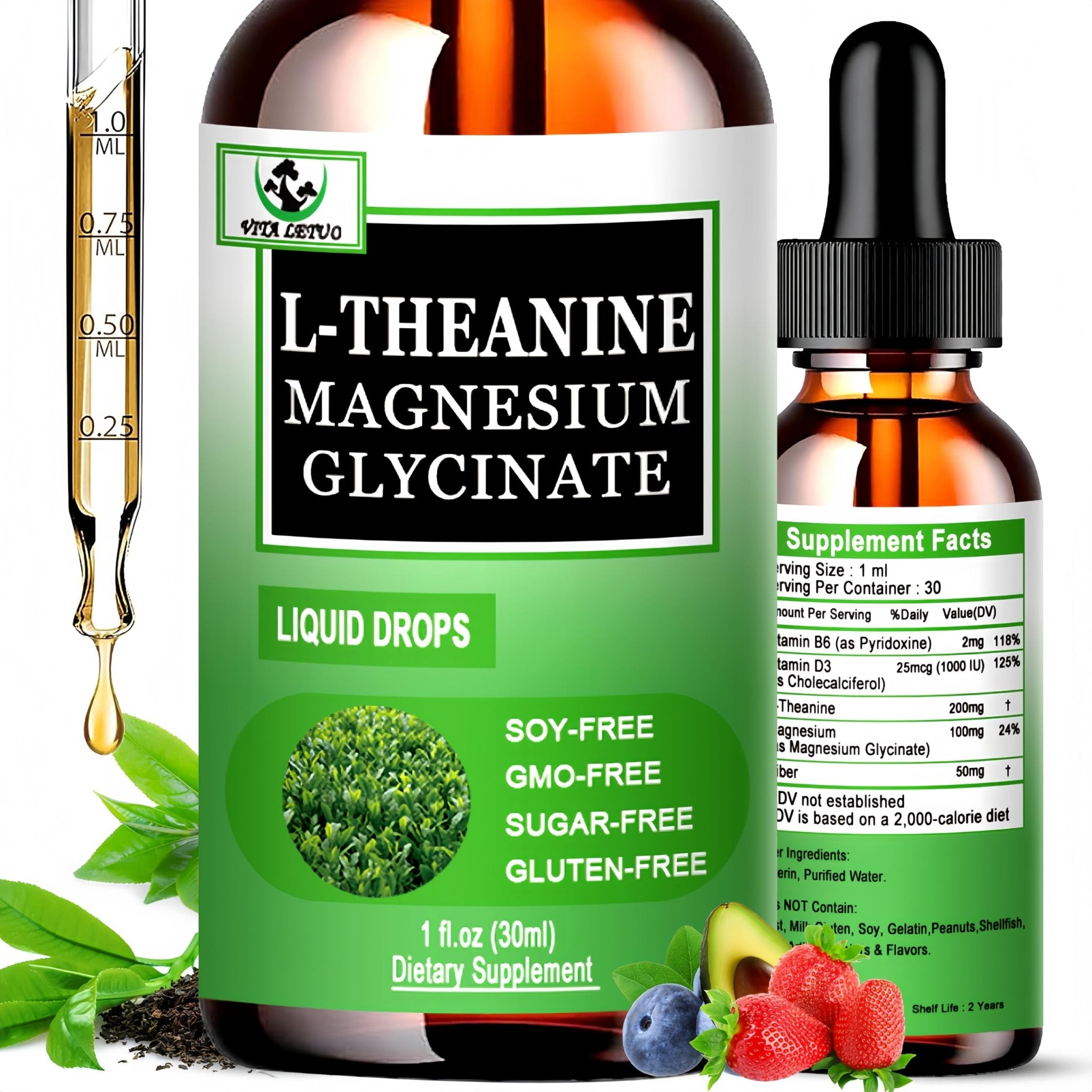 L Theanine Drops, Liquid L-Theanine Supplement 200mg w/Magnesium Glycinate,Vitamins,Fiber for Relaxation,Sleep,Digestion, Calm,High Absorption Mood Support for Adults & Kids,Plant Based,Non-GMO - TrustMedUSA