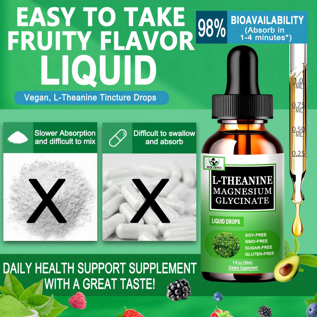 L Theanine Drops, Liquid L-Theanine Supplement 200mg w/Magnesium Glycinate,Vitamins,Fiber for Relaxation,Sleep,Digestion, Calm,High Absorption Mood Support for Adults & Kids,Plant Based,Non-GMO - TrustMedUSA