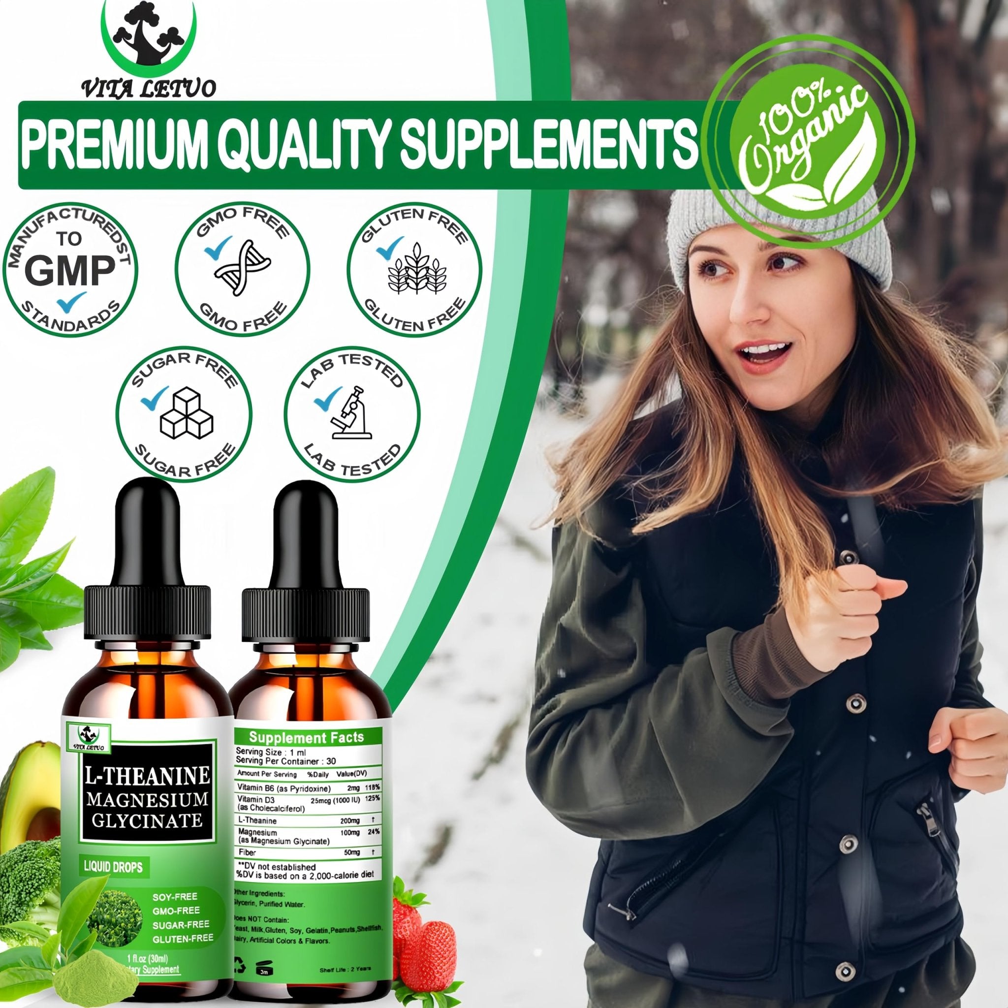 L Theanine Drops, Liquid L-Theanine Supplement 200mg w/Magnesium Glycinate,Vitamins,Fiber for Relaxation,Sleep,Digestion, Calm,High Absorption Mood Support for Adults & Kids,Plant Based,Non-GMO - TrustMedUSA