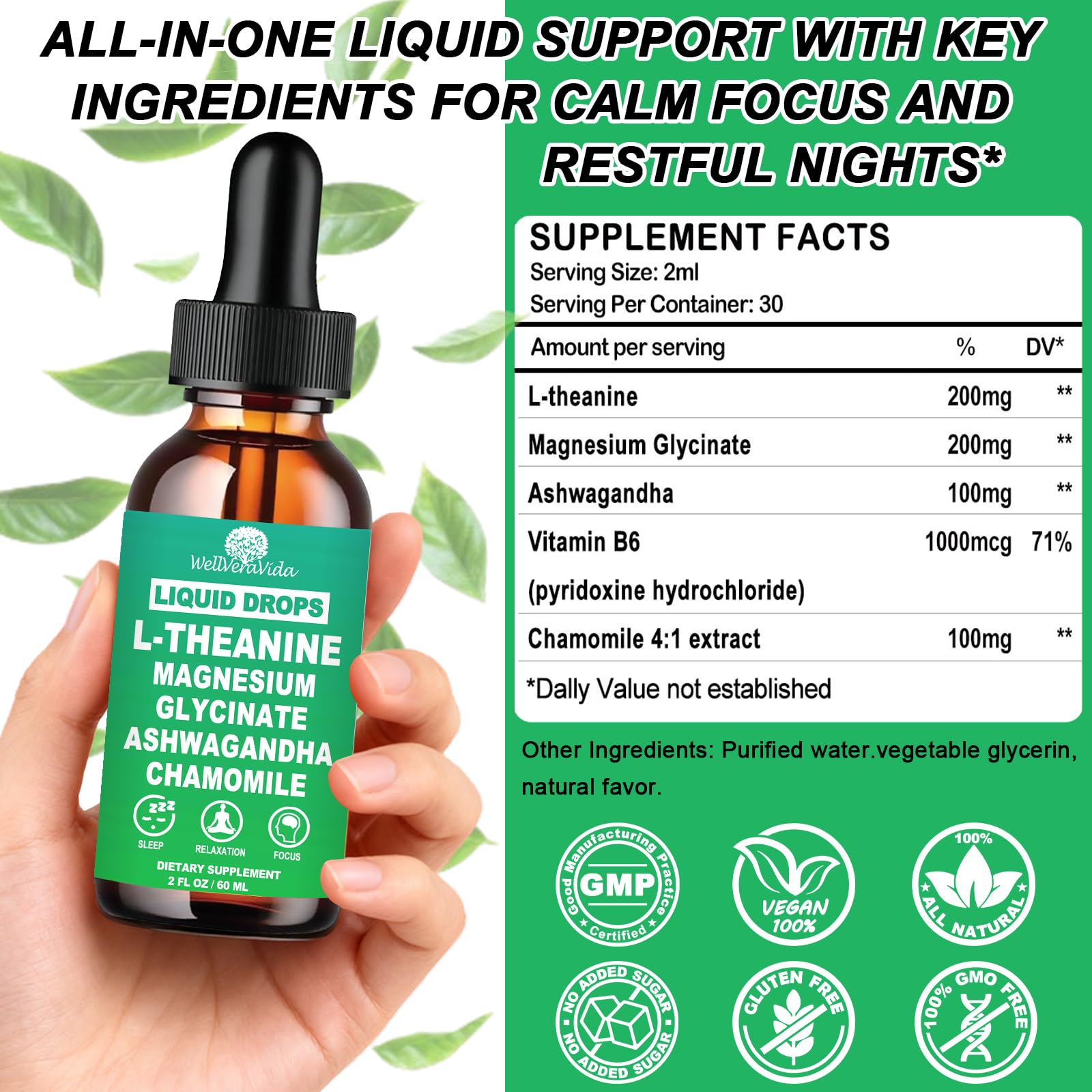 L theanine Liquid Drops, Theanine Supplement With Magnesium Glycinate & Ashwagandha for Sleep, Relaxation & Focus Support, High Absorption Liquid L Theanine 200mg for Adults & Kids丨Vegan, Non-GMO, 2oz - TrustMedUSA