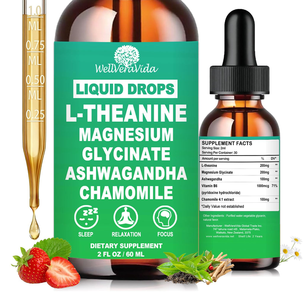 L theanine Liquid Drops, Theanine Supplement With Magnesium Glycinate & Ashwagandha for Sleep, Relaxation & Focus Support, High Absorption Liquid L Theanine 200mg for Adults & Kids丨Vegan, Non-GMO, 2oz - TrustMedUSA