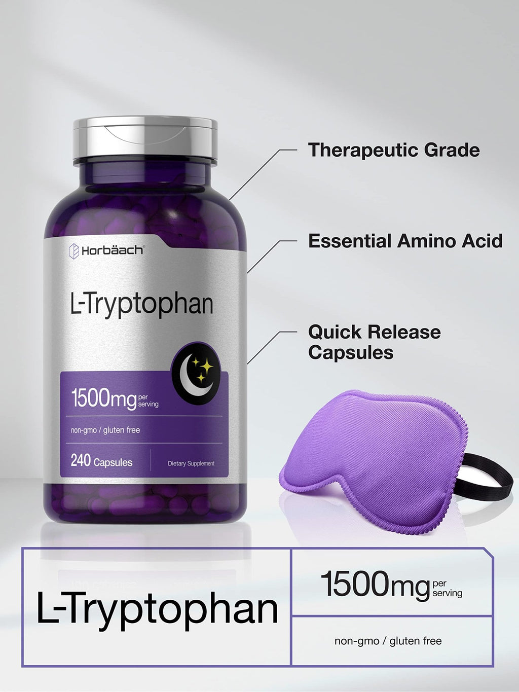 L Tryptophan 1500mg Capsules | 240 Count | Nighttime Formula | Non-GMO, Gluten Free - TrustMedUSA