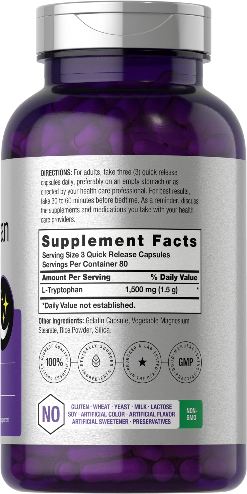 L Tryptophan 1500mg Capsules | 240 Count | Nighttime Formula | Non-GMO, Gluten Free - TrustMedUSA