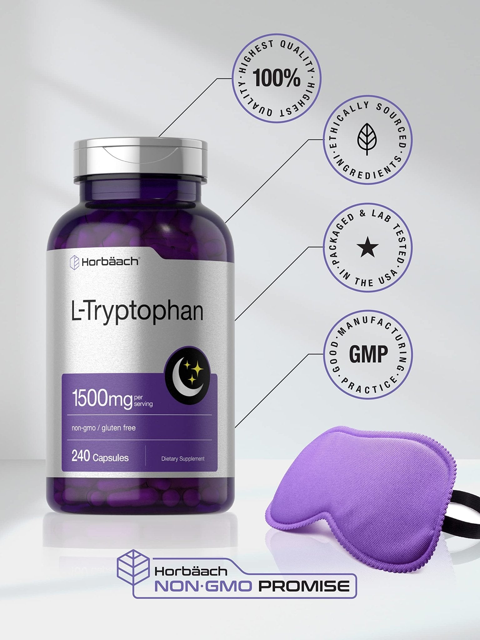 L Tryptophan 1500mg Capsules | 240 Count | Nighttime Formula | Non-GMO, Gluten Free - TrustMedUSA