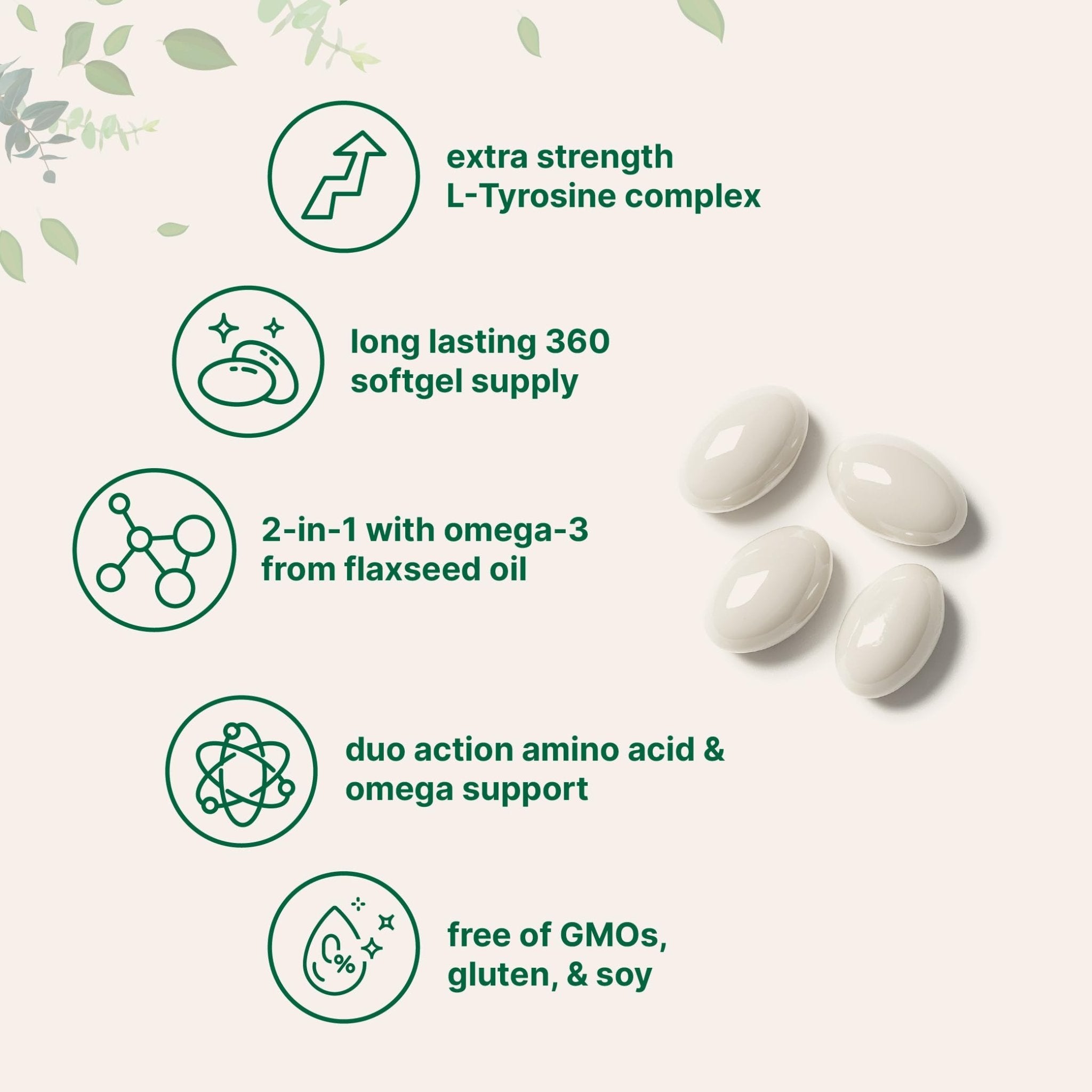 L Tyrosine Supplement 500mg with Omega-3, 360 Softgels | Duo Action Amino Acids + Omega from Flaxseed Oil 1,000mg with ALA | Heart and Mood Support | Brain Supplements for Memory and Focus | Non-GMO - TrustMedUSA