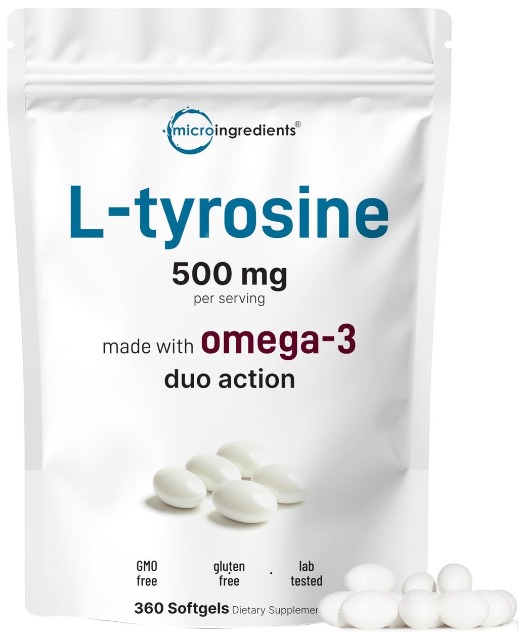 L Tyrosine Supplement 500mg with Omega-3, 360 Softgels | Duo Action Amino Acids + Omega from Flaxseed Oil 1,000mg with ALA | Heart and Mood Support | Brain Supplements for Memory and Focus | Non-GMO - TrustMedUSA