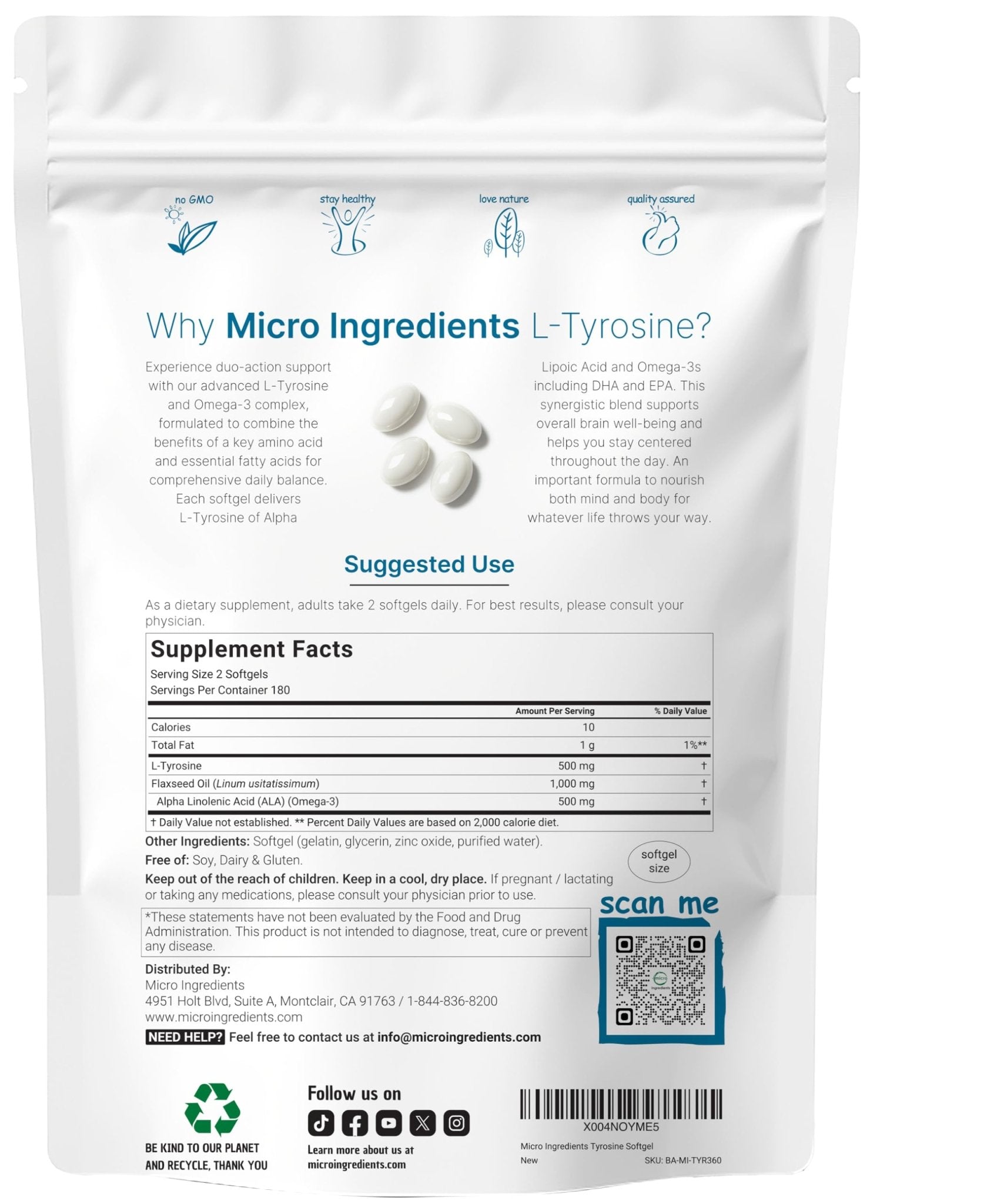 L Tyrosine Supplement 500mg with Omega-3, 360 Softgels | Duo Action Amino Acids + Omega from Flaxseed Oil 1,000mg with ALA | Heart and Mood Support | Brain Supplements for Memory and Focus | Non-GMO - TrustMedUSA