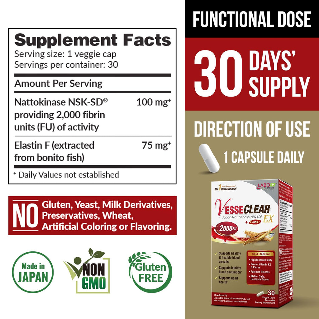 LABO Nutrition VesseCLEAR EX: Nattokinase NSK-SD+Elastin F for Clean & Flexible Blood Vessel. Japan's Most Research Proven, Functional Dose, Acid-Resistant/Delayed Release Capsules - Maple Wellness Supplements