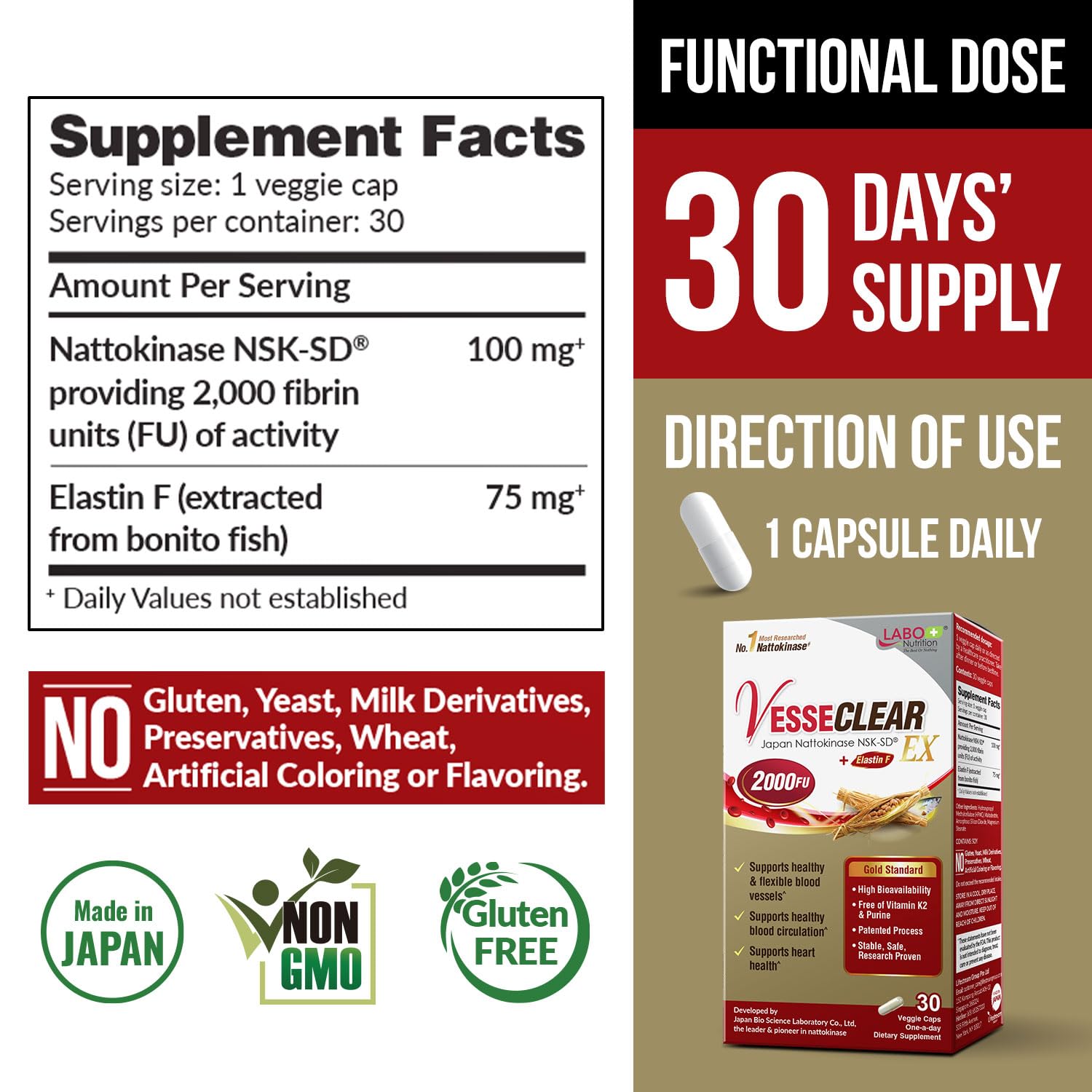 LABO Nutrition VesseCLEAR EX: Nattokinase NSK-SD+Elastin F for Clean & Flexible Blood Vessel. Japan's Most Research Proven, Functional Dose, Acid-Resistant/Delayed Release Capsules - Maple Wellness Supplements