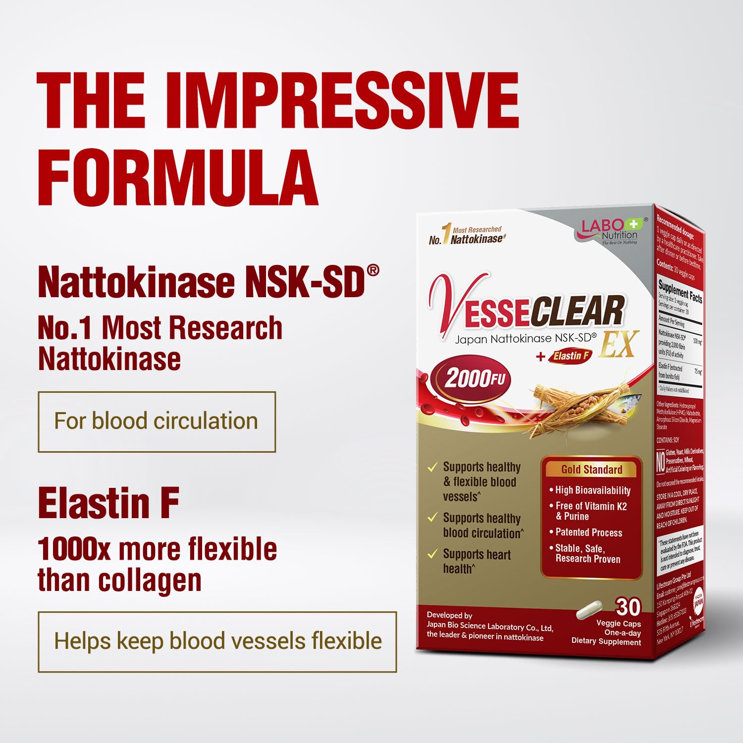 LABO Nutrition VesseCLEAR EX: Nattokinase NSK-SD+Elastin F for Clean & Flexible Blood Vessel. Japan's Most Research Proven, Functional Dose, Acid-Resistant/Delayed Release Capsules - Maple Wellness Supplements