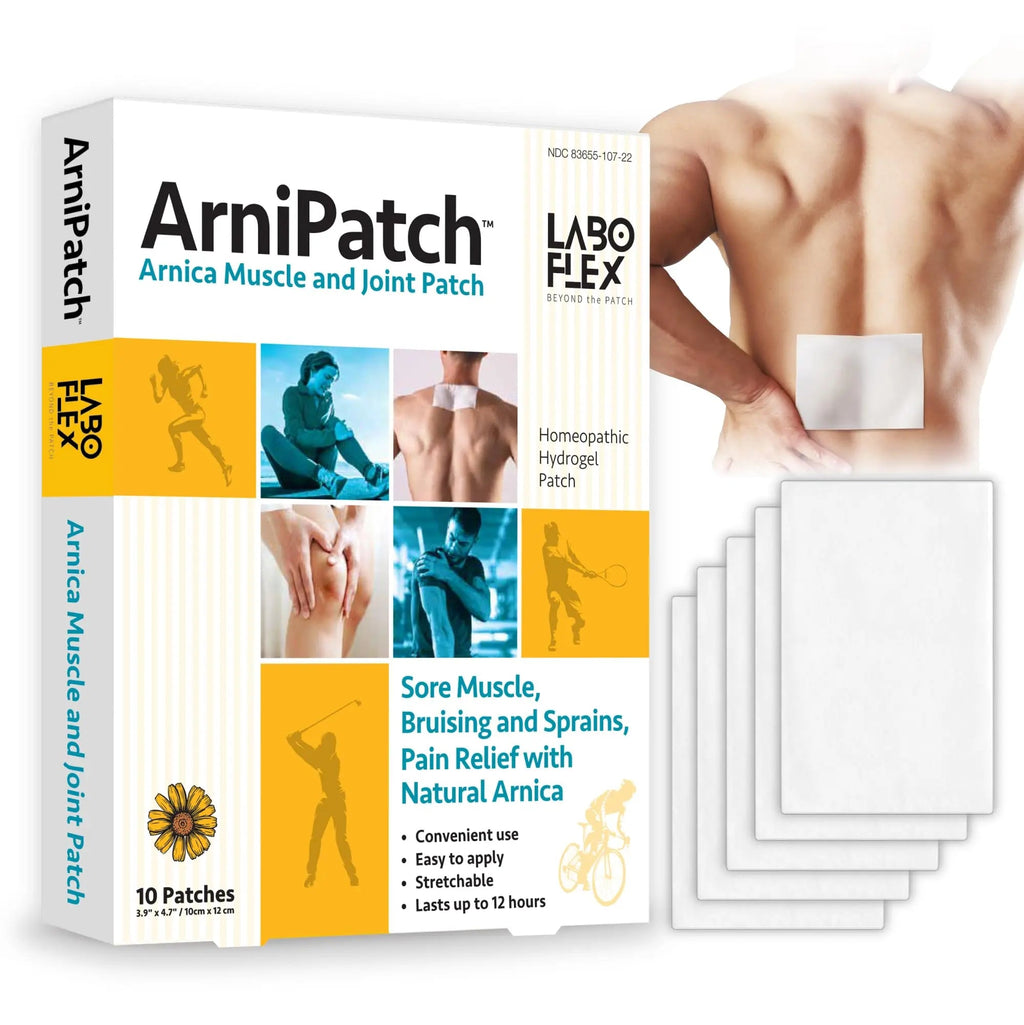 LABOFLEX Arnipatch Natural Arnica Pain Relief Hydrogel Patches – Long Lasting Relief for Muscle Soreness, Swelling, Inflammation, Stiffness & Injury on Back, Knee & Neck (Box, 10, Count) - TrustMedUSA