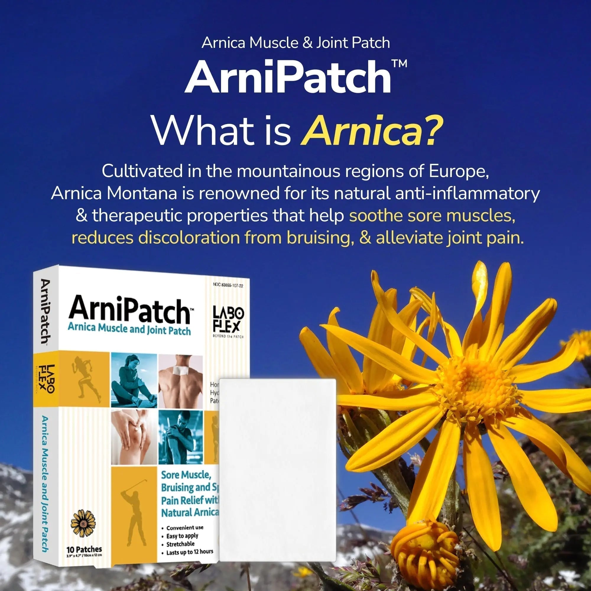 LABOFLEX Arnipatch Natural Arnica Pain Relief Hydrogel Patches – Long Lasting Relief for Muscle Soreness, Swelling, Inflammation, Stiffness & Injury on Back, Knee & Neck (Box, 10, Count) - TrustMedUSA