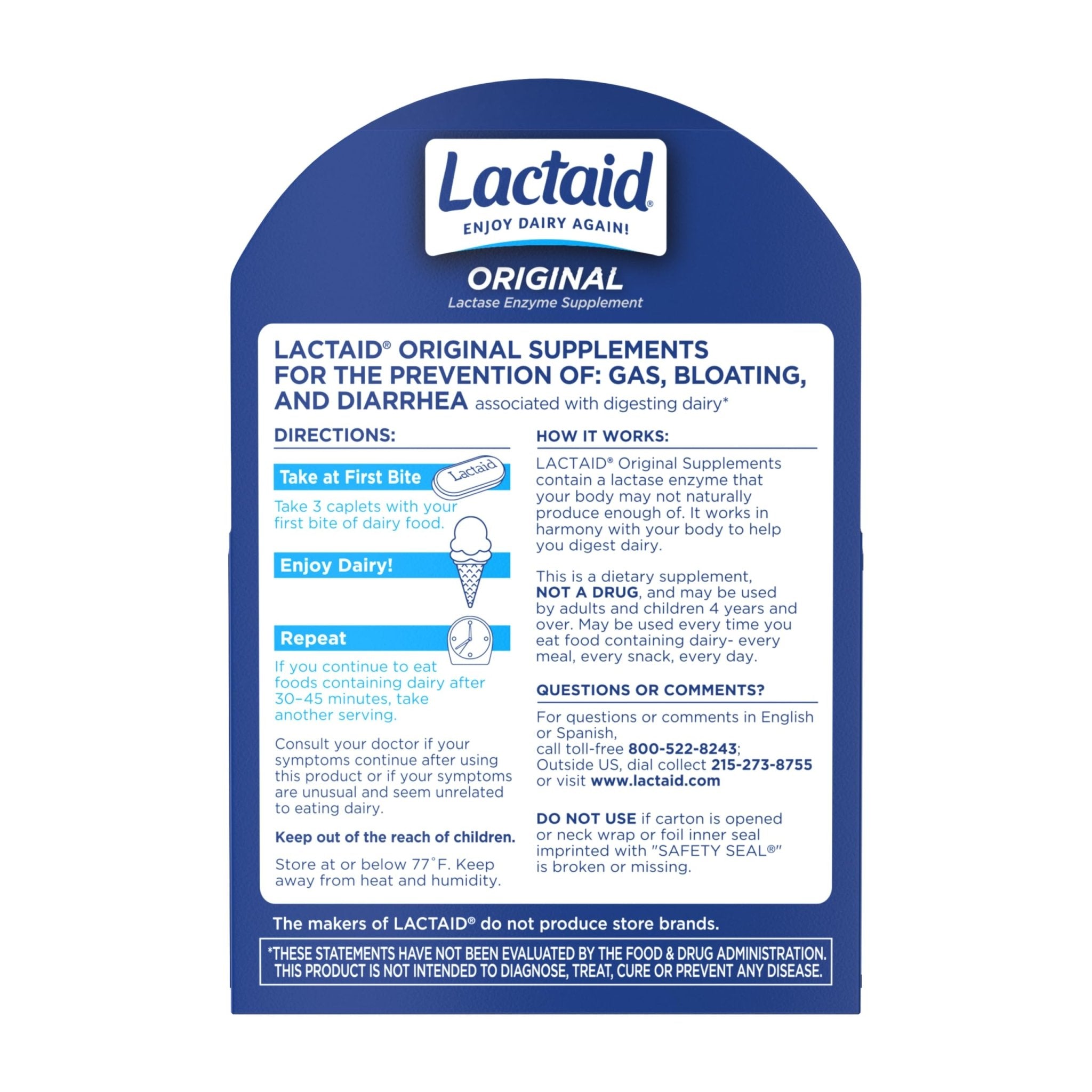 Lactaid Original Strength Lactose Intolerance Pills, 9000 FCC Natural Lactase Enzyme Dairy Relief Caplets, Helps Prevent Gas, Bloating & Diarrhea Due to Lactose Sensitivity in Adults & Kids, 120 Count - Maple Wellness Supplements