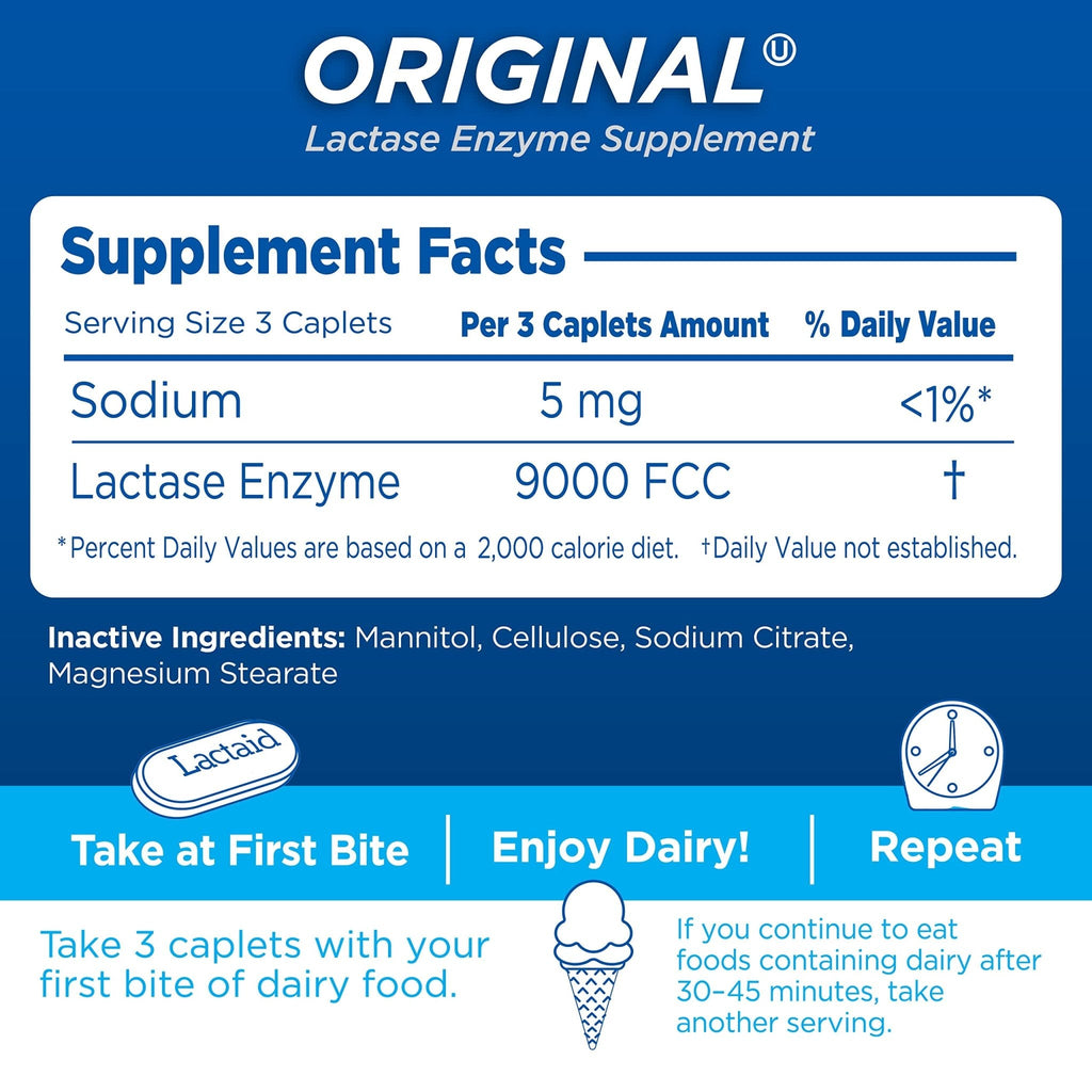Lactaid Original Strength Lactose Intolerance Pills, 9000 FCC Natural Lactase Enzyme Dairy Relief Caplets, Helps Prevent Gas, Bloating & Diarrhea Due to Lactose Sensitivity in Adults & Kids, 120 Count - Maple Wellness Supplements