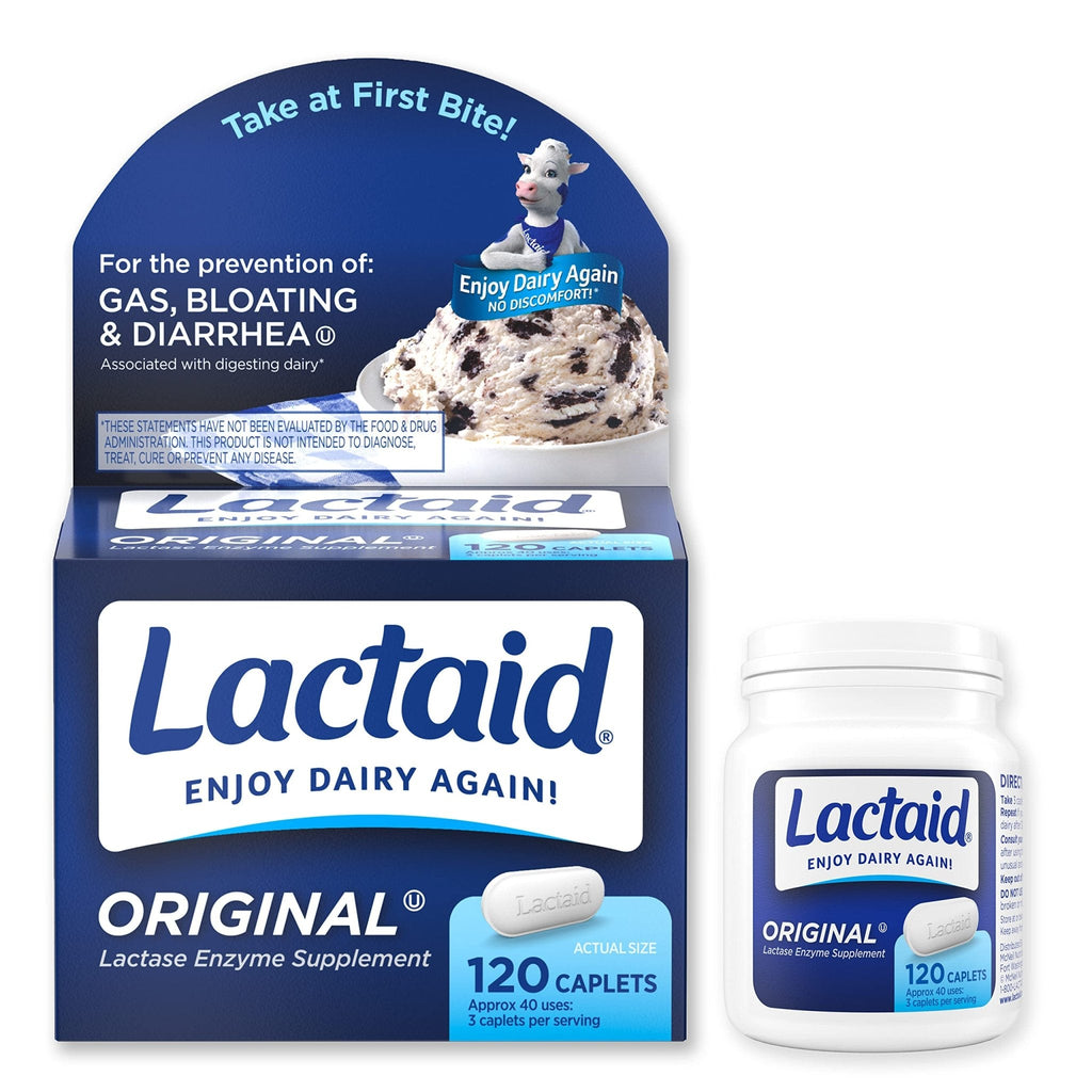 Lactaid Original Strength Lactose Intolerance Pills, 9000 FCC Natural Lactase Enzyme Dairy Relief Caplets, Helps Prevent Gas, Bloating & Diarrhea Due to Lactose Sensitivity in Adults & Kids, 120 Count - Maple Wellness Supplements