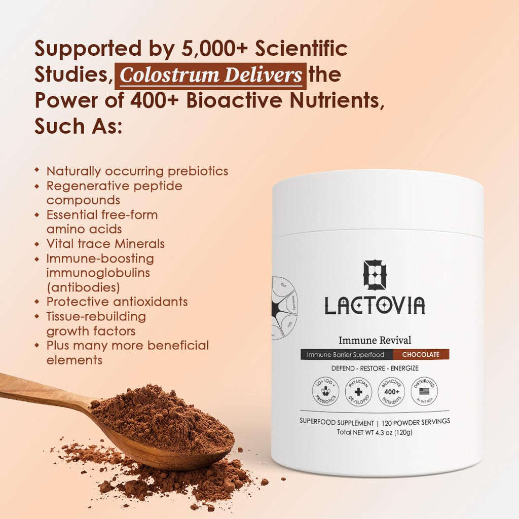 LACTOVIA Bovine Colostrum Powder – Chocolate Flavor | Grass-Fed Colostrum Supplement | Gut & Immune Health Support | Keto, Gluten & Fat-Free | for Women & Men - TrustMedUSA