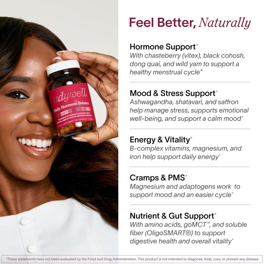 Ladywell Daily Hormone Balance Capsules | Natural Cycle Support for Women | Supports Mood, Bloating, Cramps, Skin Health & Cravings | with Chasteberry, B Vitamins, Ashwagandha, Saffron & More | 60 Ct - Maple Wellness Supplements