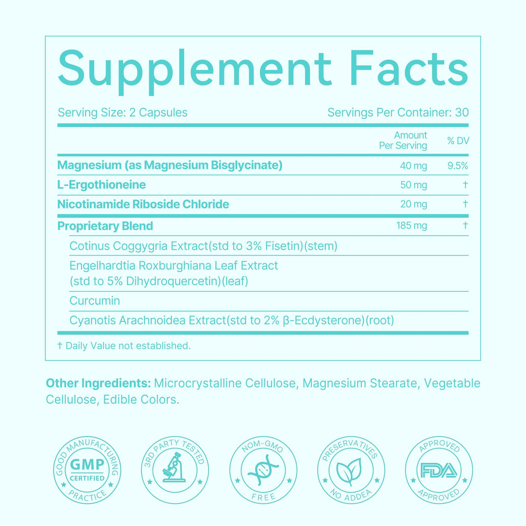 LAIFE L-Ergothioneine PLUS Supplement, Cellular Antioxidant Supplement for Energy, Skin, Vitality & Whole-Body Wellness with L-Ergothioneine, NR, Quercetin, Curcumin & Magnesium Glycinate, 60 Capsules - Maple Wellness Supplements