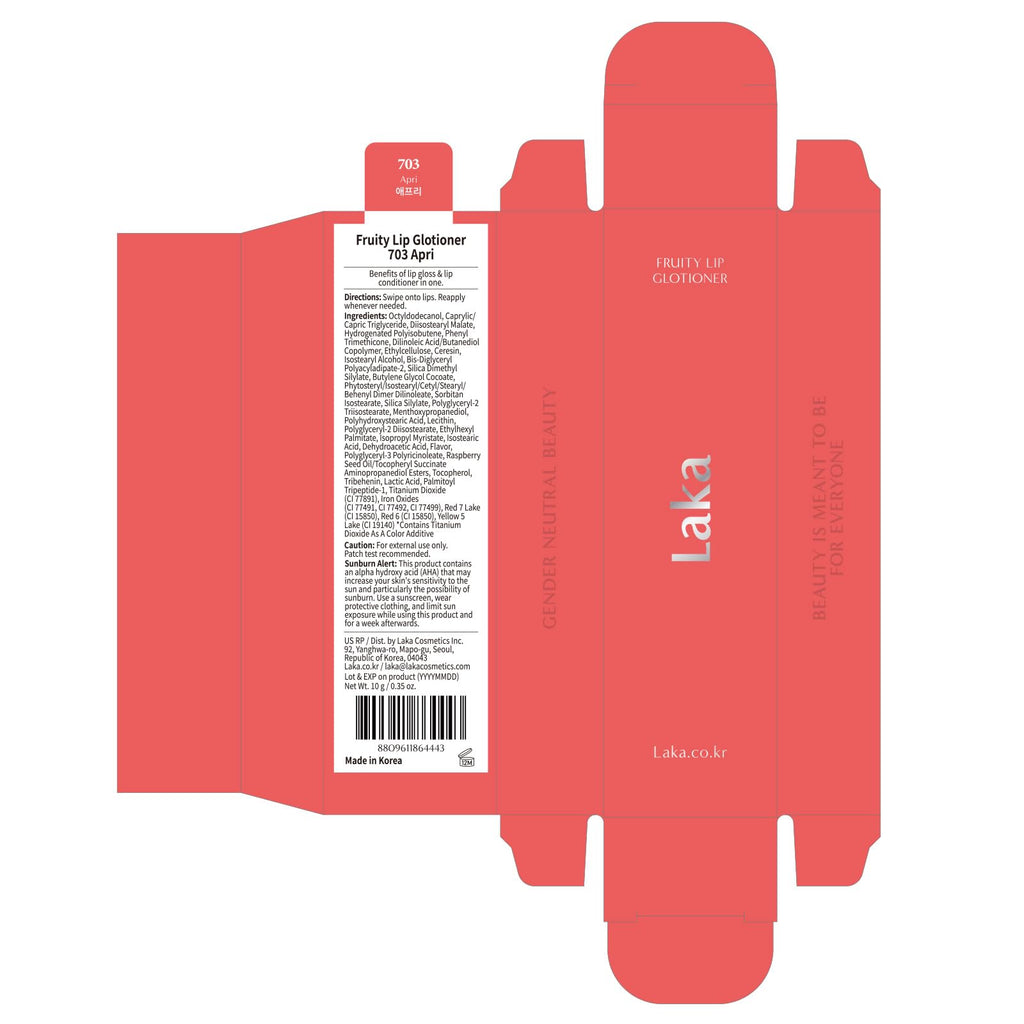 Laka Fruity Lip Glotioner, 10ml/0.33 fl.oz, Lip Gloss with High Shine Vivid Colors, Jelly tip for Hygienic & Easy Application, K-Beauty (703 Apri) - TrustMedUSA