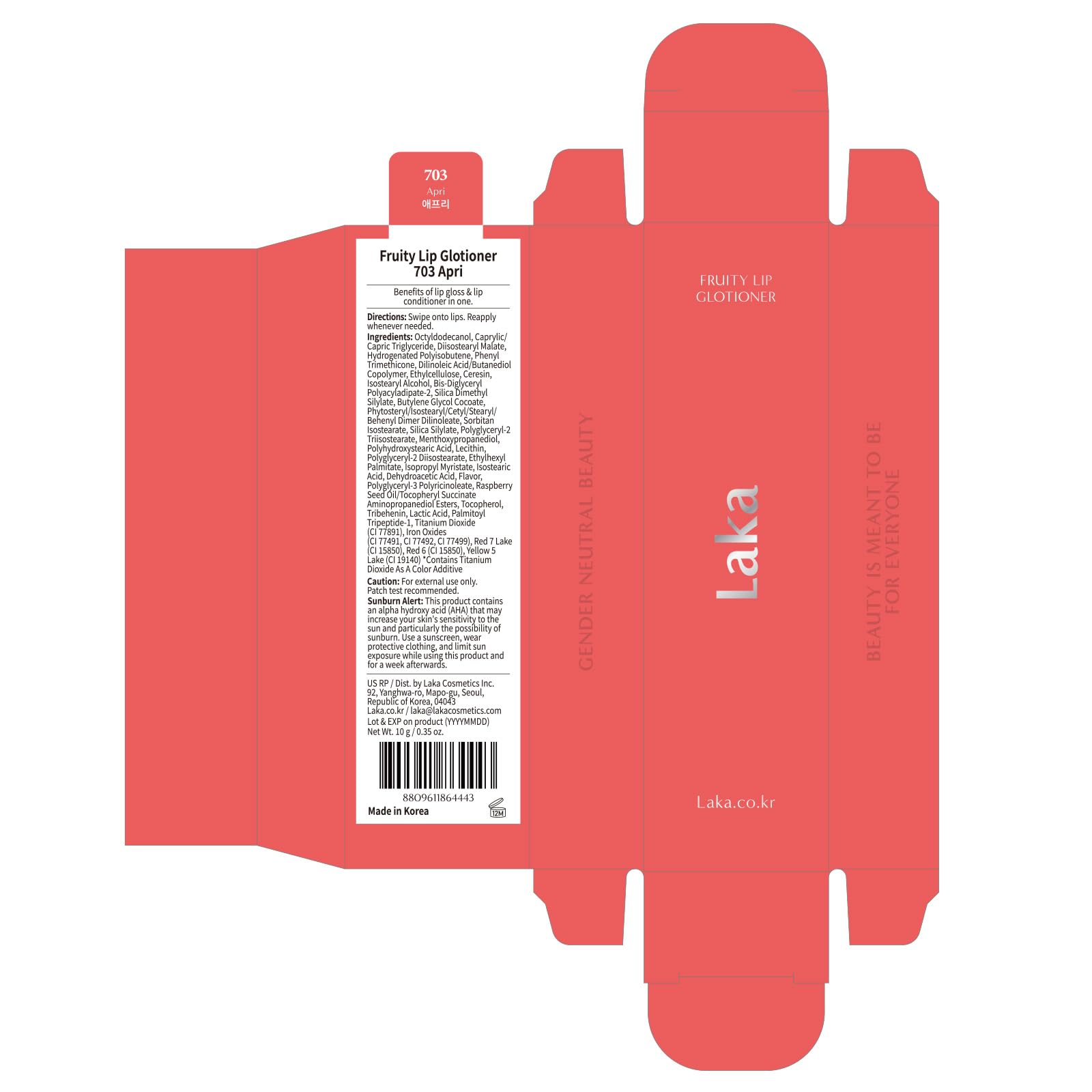 Laka Fruity Lip Glotioner, 10ml/0.33 fl.oz, Lip Gloss with High Shine Vivid Colors, Jelly tip for Hygienic & Easy Application, K-Beauty (703 Apri) - TrustMedUSA