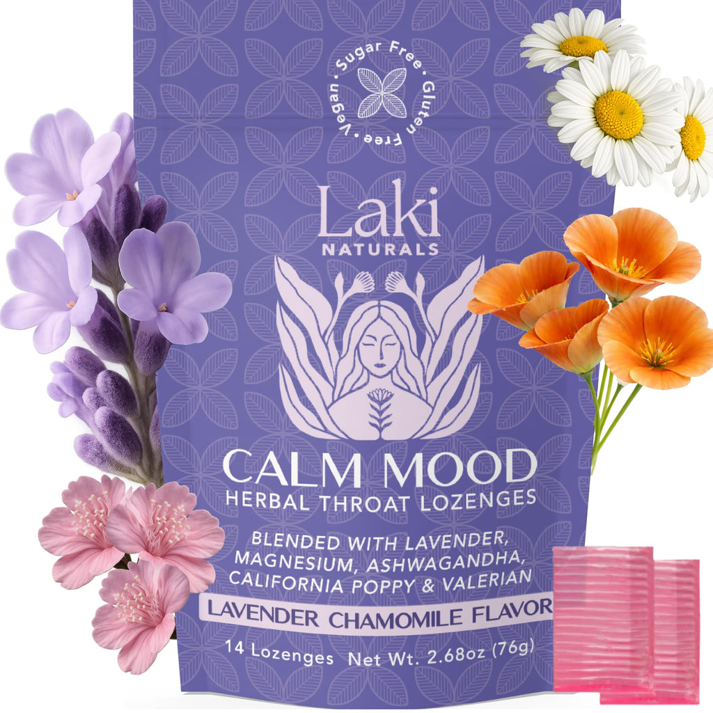 Laki Naturals Lavender Chamomile Calm Mood Functional Herbal Lozenges (14ct) Throat & Calming Hard Candies with Magnesium, Ashwagandha, California Poppy & Valerian. Vegan, Sugar Free, Gluten Free - Maple Wellness Supplements