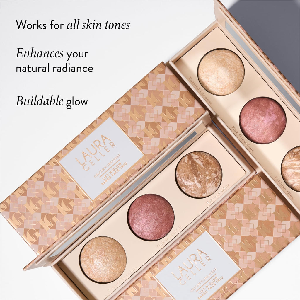 LAURA GELLER NEW YORK Geller's Greatest Lift-n-Glow Baked Trio Palette - Highlighter, Blush, Bronzer - All Skin Tones - TrustMedUSA