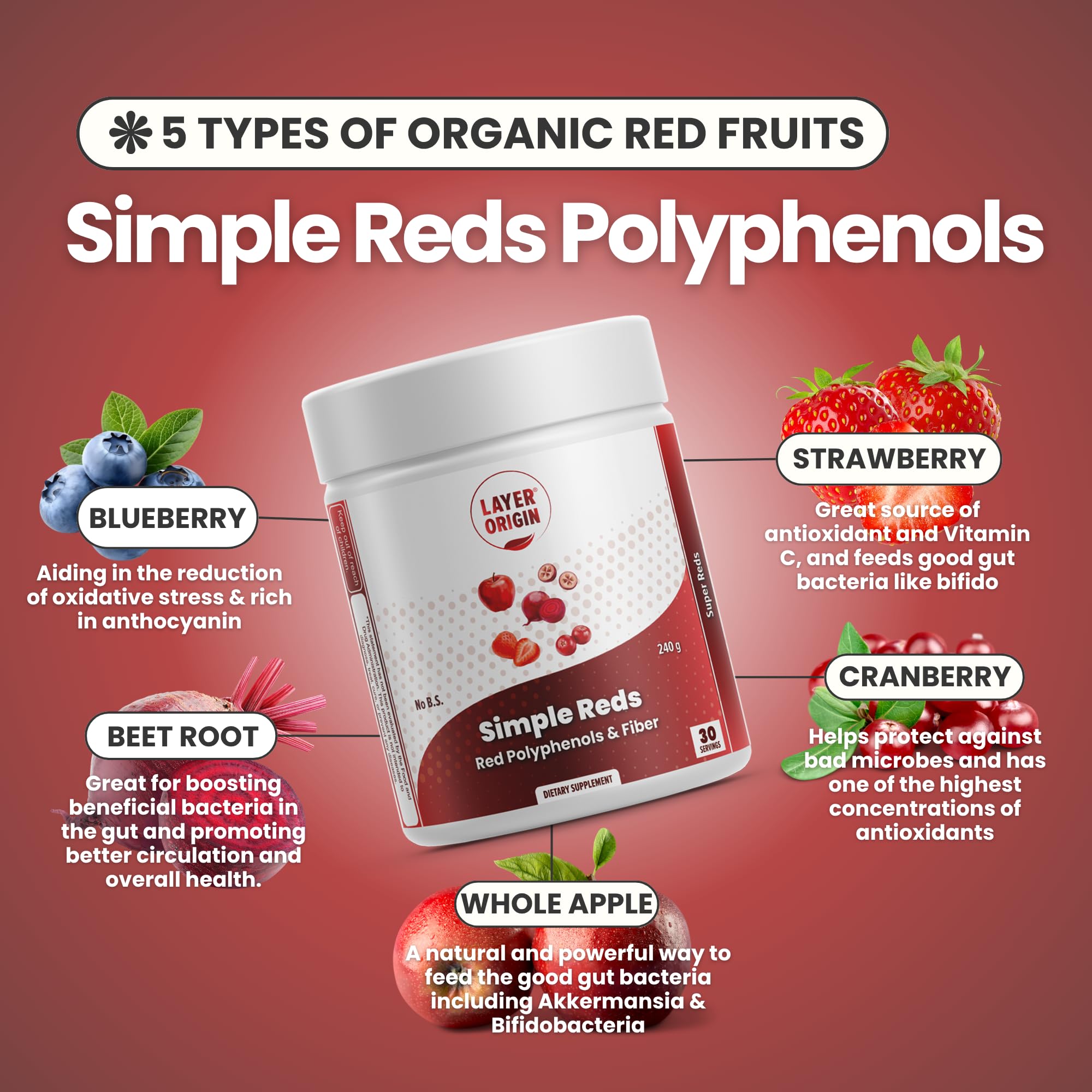Layer Origin Simple Reds - Organic Red Polyphenols Whole Fruit Powder | Five Real Whole Fruits | 30 Servings - TrustMedUSA