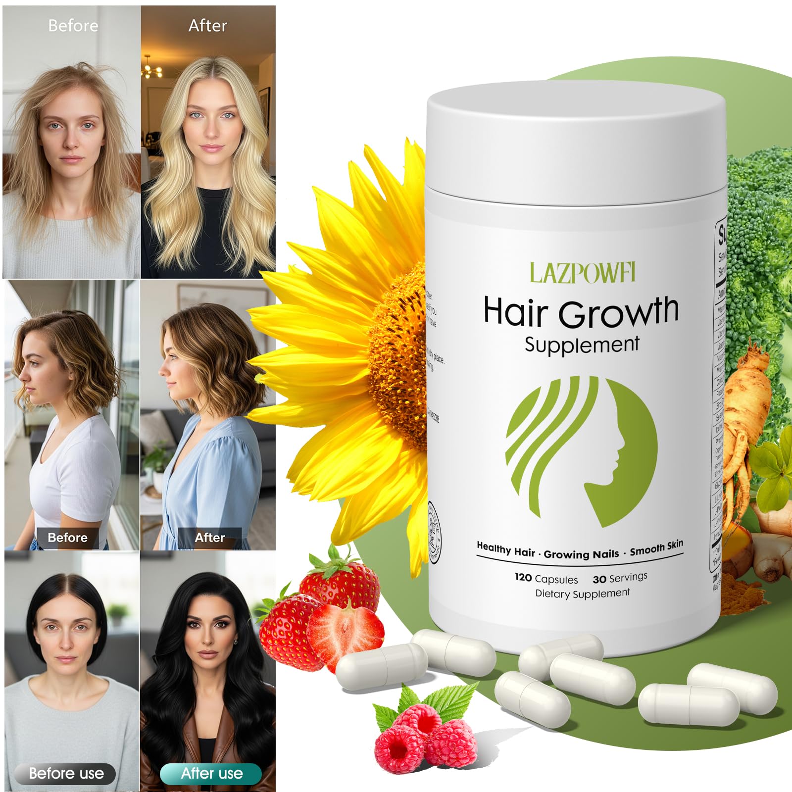 Lazpowfi Hair Growth Supplement, Biotin 10000mcg, 32-in-1 with Vitamin A, B3, C, Magnesium, Calcium, Hair Growth Products, Supports Hair & Nails Natural Growth Vitamins, for Women & Men - 30 Servings - TrustMedUSA