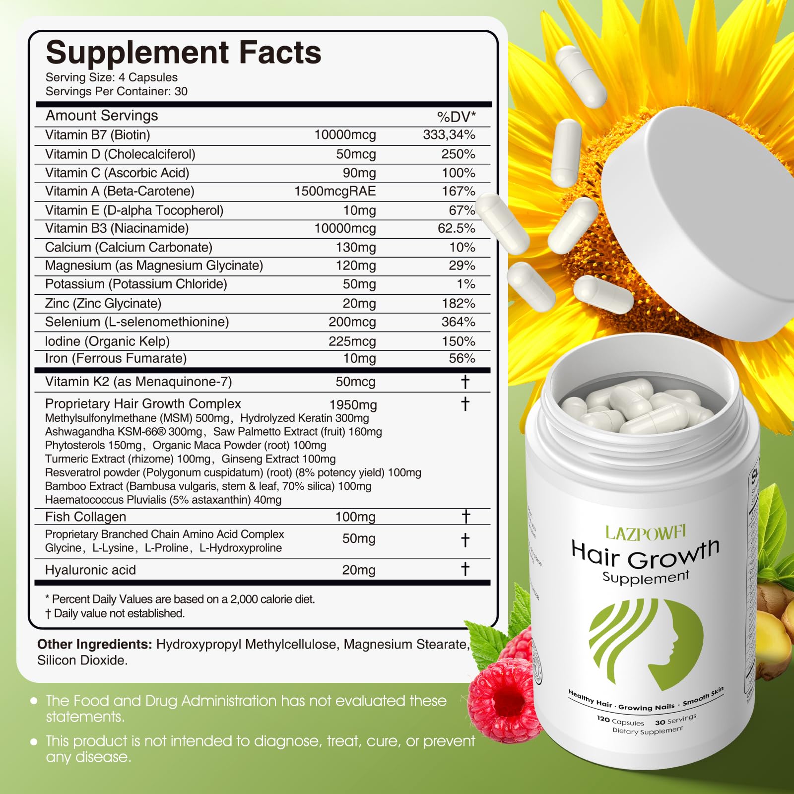 Lazpowfi Hair Growth Supplement, Biotin 10000mcg, 32-in-1 with Vitamin A, B3, C, Magnesium, Calcium, Hair Growth Products, Supports Hair & Nails Natural Growth Vitamins, for Women & Men - 30 Servings - TrustMedUSA