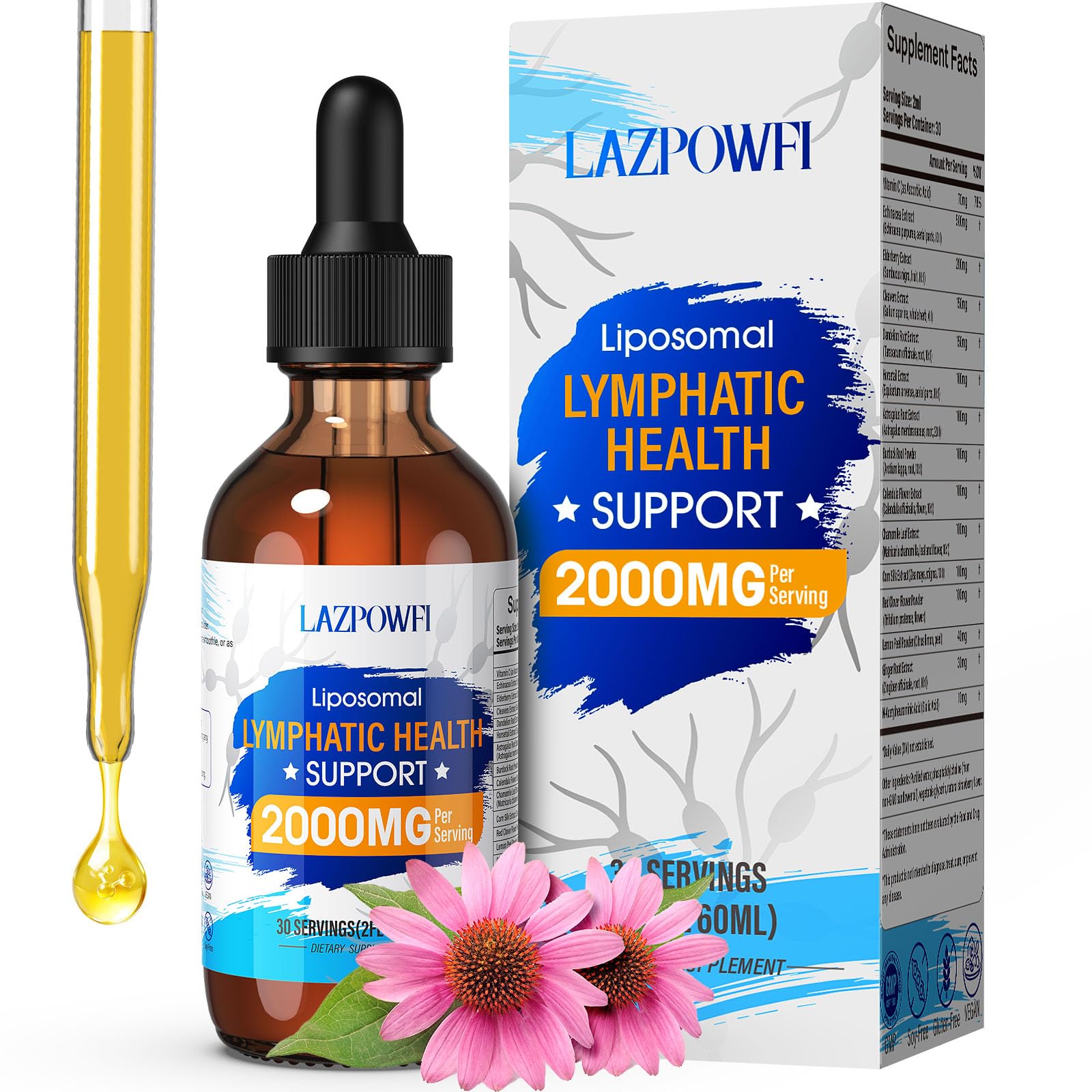 Lazpowfi Lymphatic Drainage Drops – Liposomal Lymphatic Drainage Supplements with Echinacea 500mg, Elderberry, Burdock Root & Dandelion – Liquid Lymphatic Drops, 2 fl oz - Maple Wellness Supplements